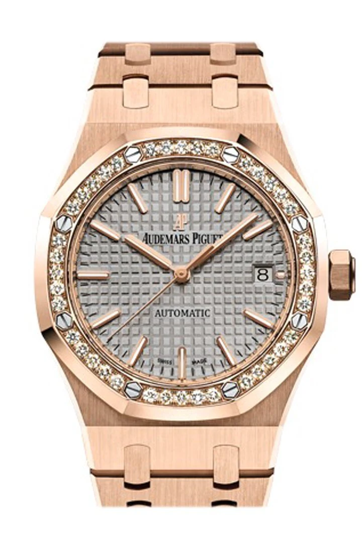 Audemars Piguet Royal Oak 37mm Grey nickel-toned Dial Automatic 18K Pink Gold Ladies Diamond Watch 15451OR.ZZ.1256OR.02