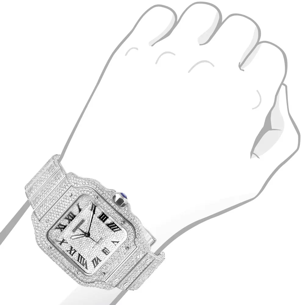 40mm Fully Iced Out Cartier Santos Diamond Watch for Men & Women 25 Carat