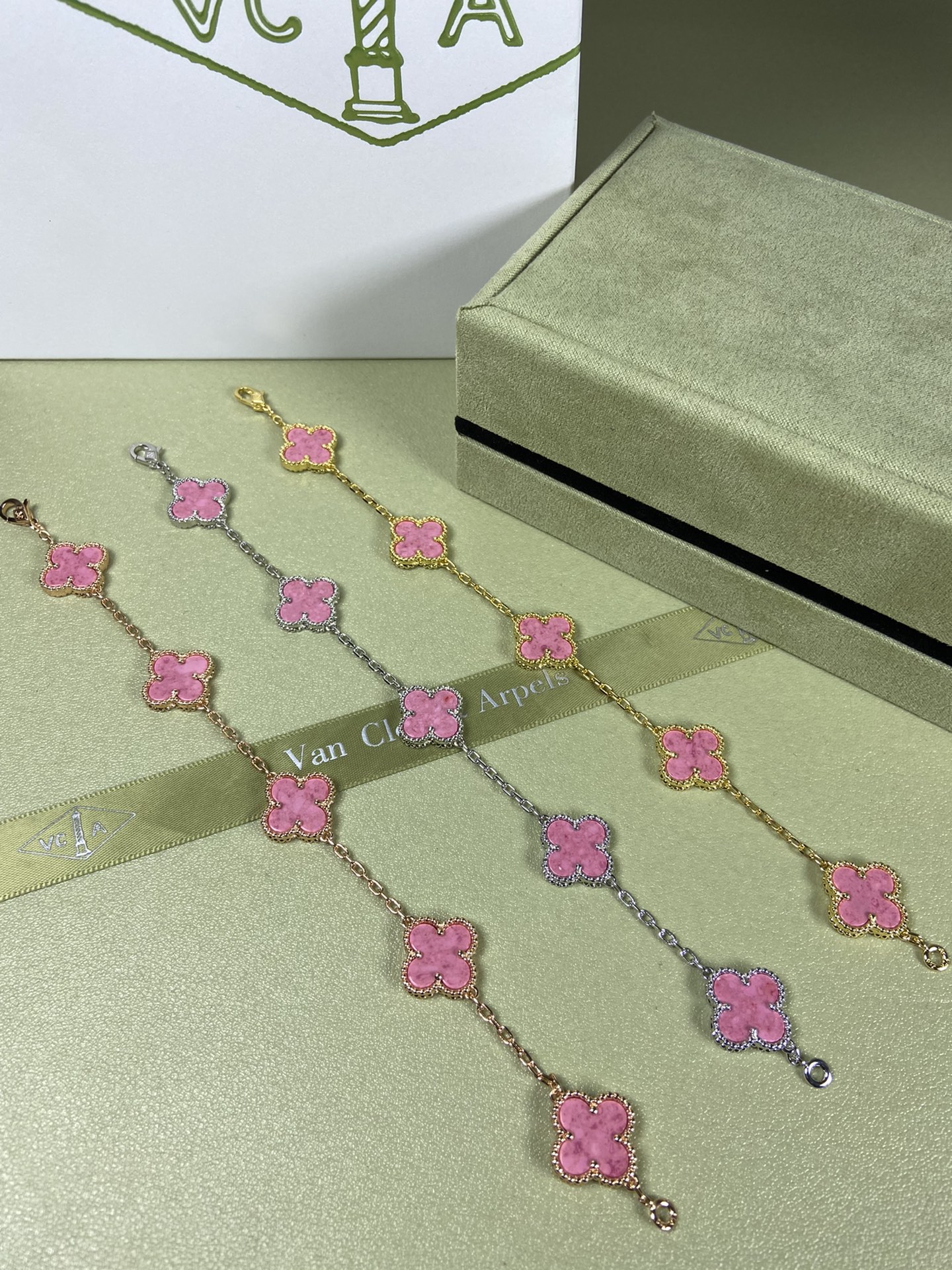 Van Cleef & Arpels rose pink four-leaf clover bracelet