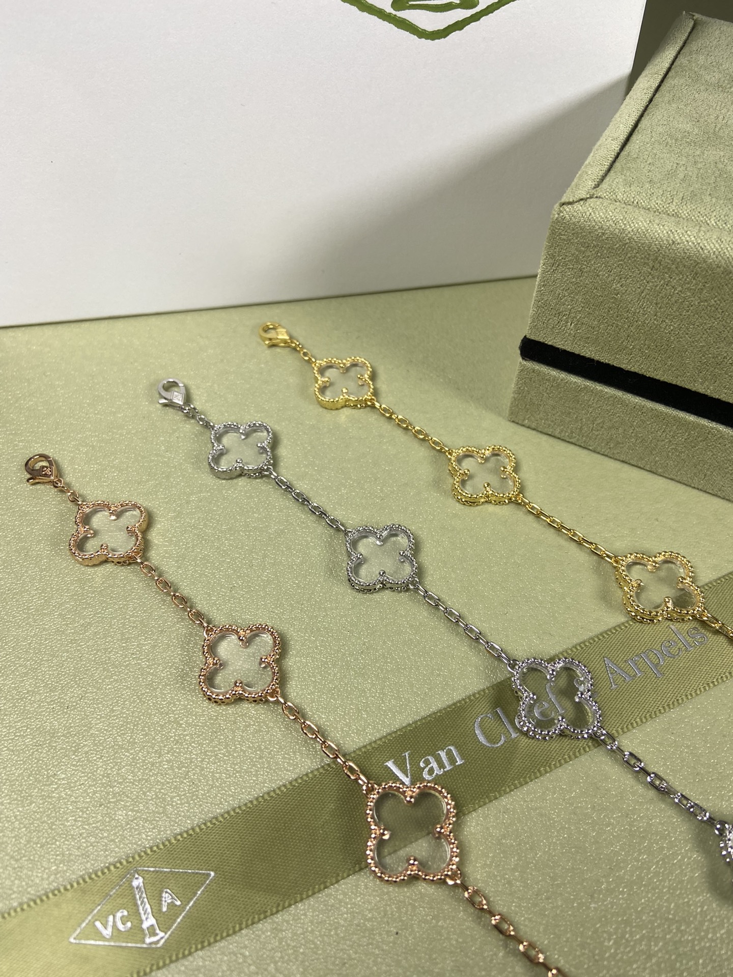 Van Cleef & Arpels white crystal four-leaf clover bracelet