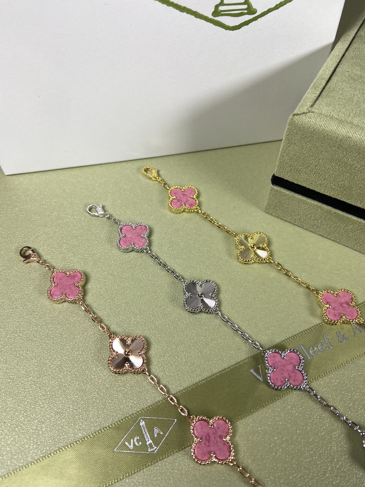 Van Cleef & Arpels rose pink four-leaf clover bracelet