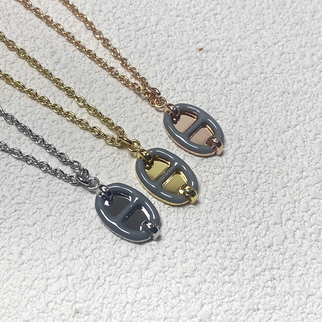 Hermès necklace new dark gray enamel pig nose necklace