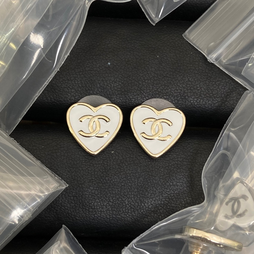 CHANEL White Love Double C Enamel Stud Earrings