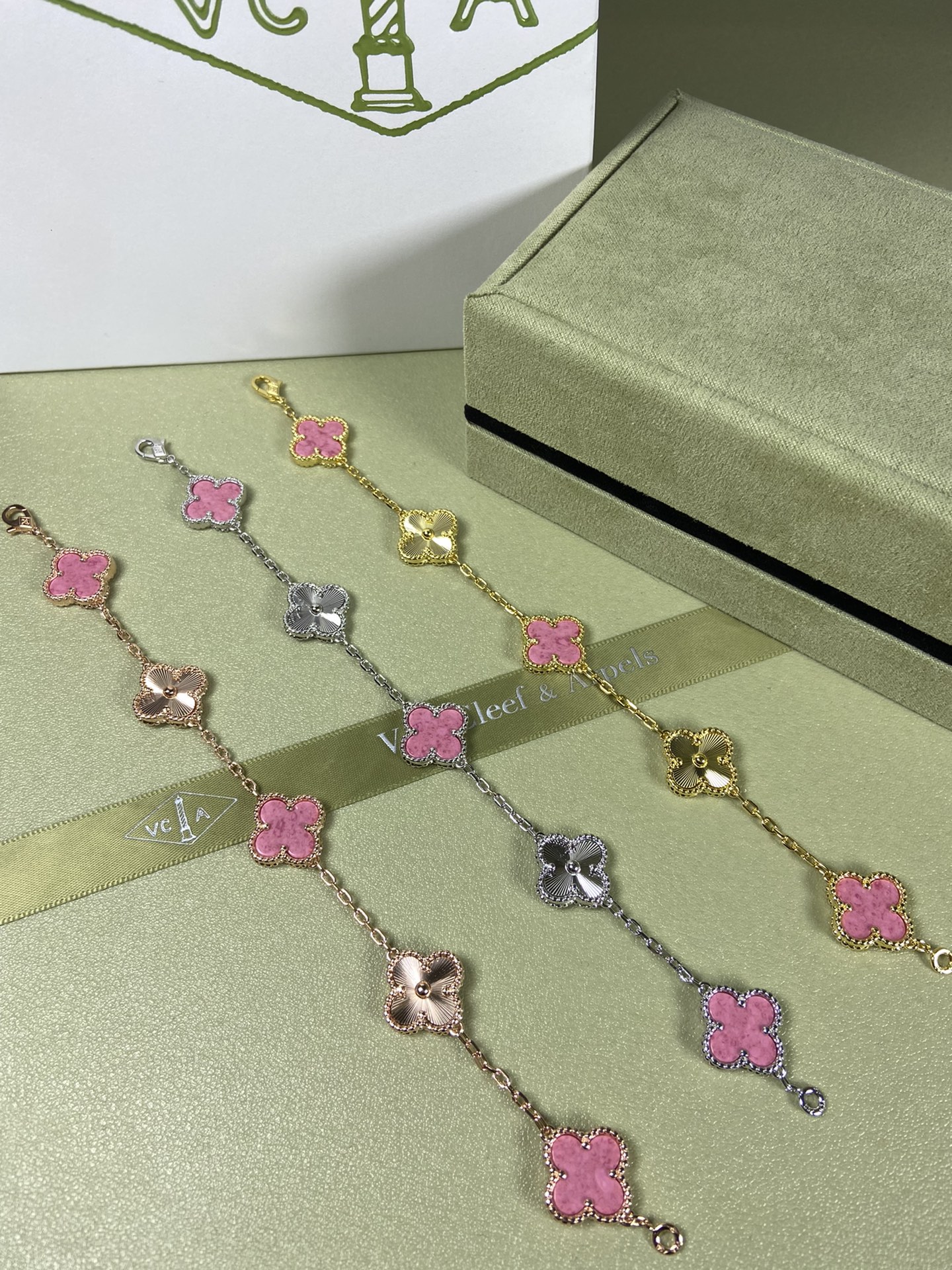 Van Cleef & Arpels rose pink four-leaf clover bracelet