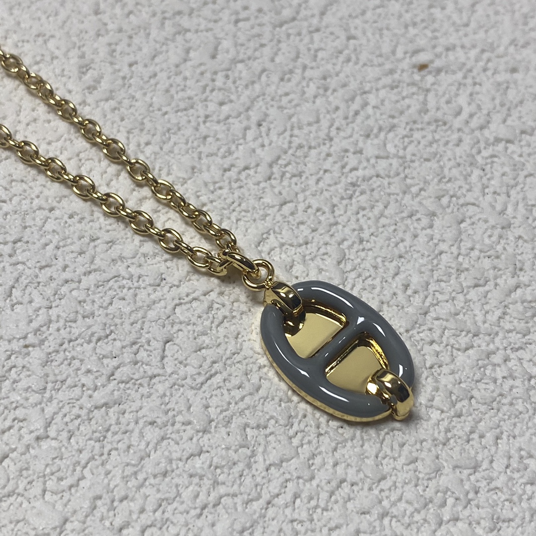 Hermès necklace new dark gray enamel pig nose necklace