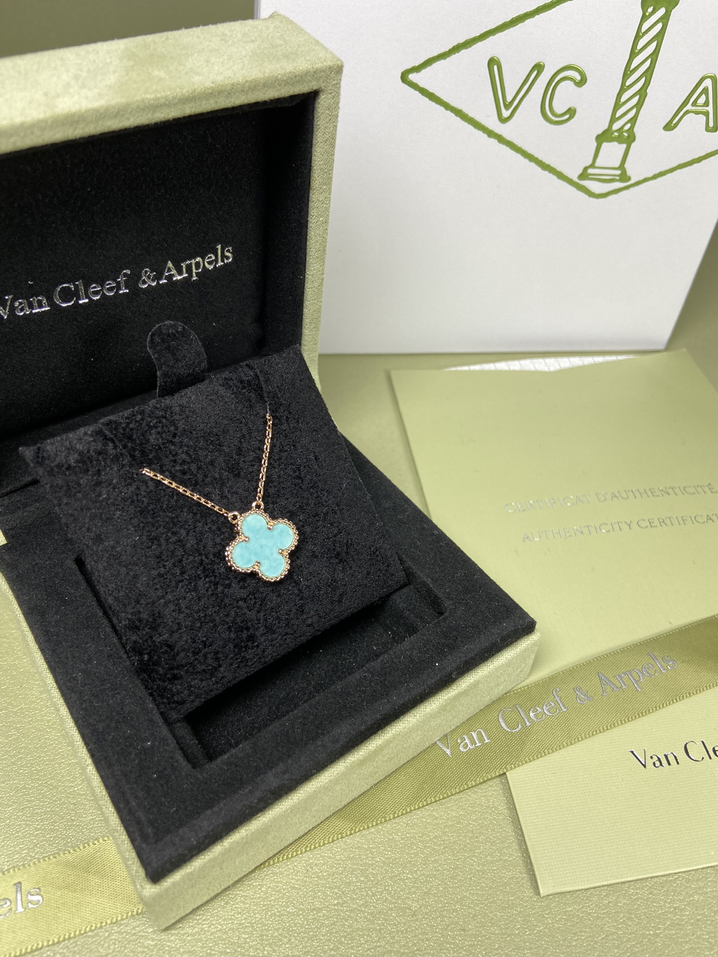 Van Cleef & Arpels mint blue four-leaf clover necklace