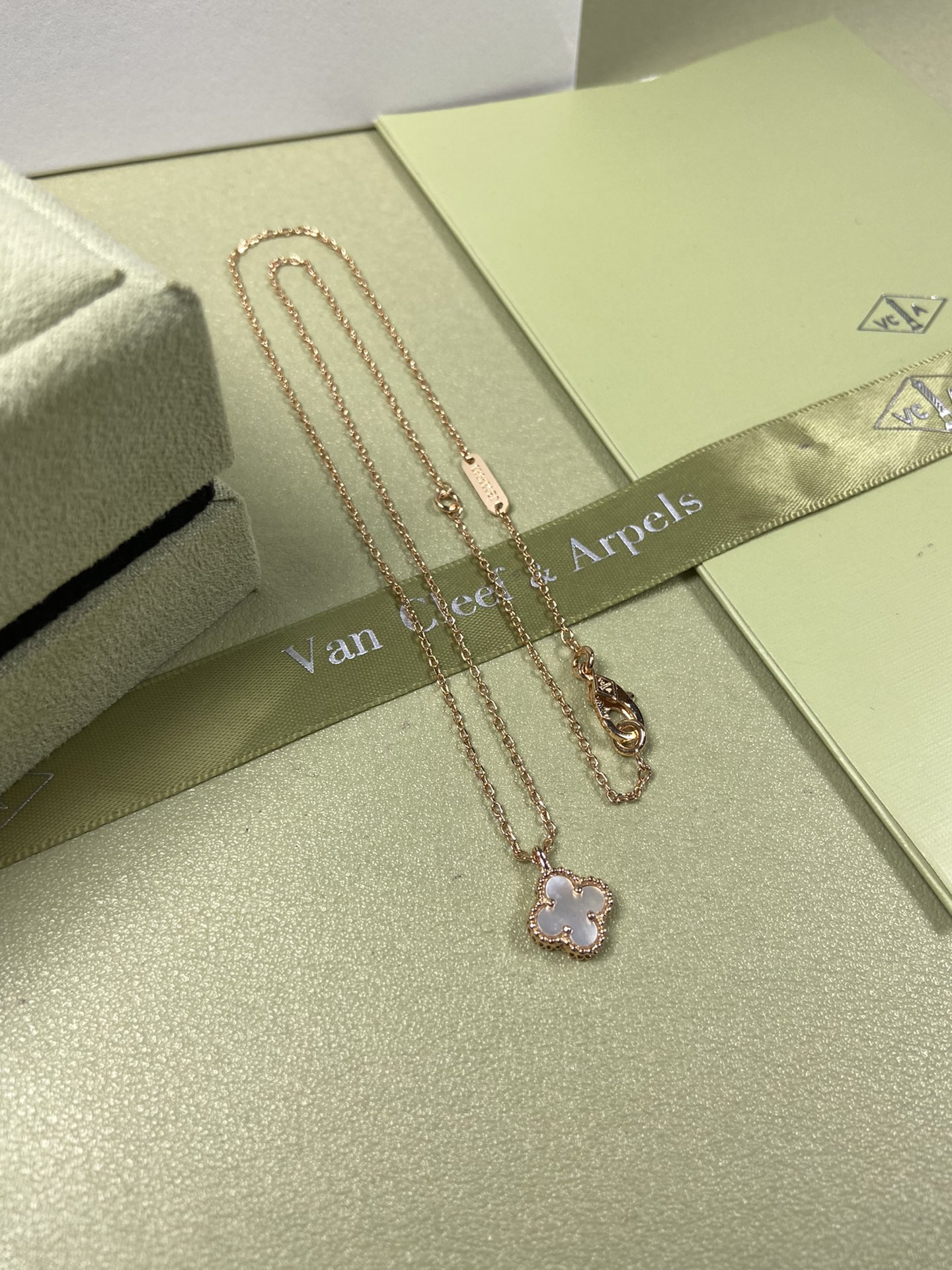 Van Cleef & Arpels mini white mother-of-pearl four-leaf clover necklace