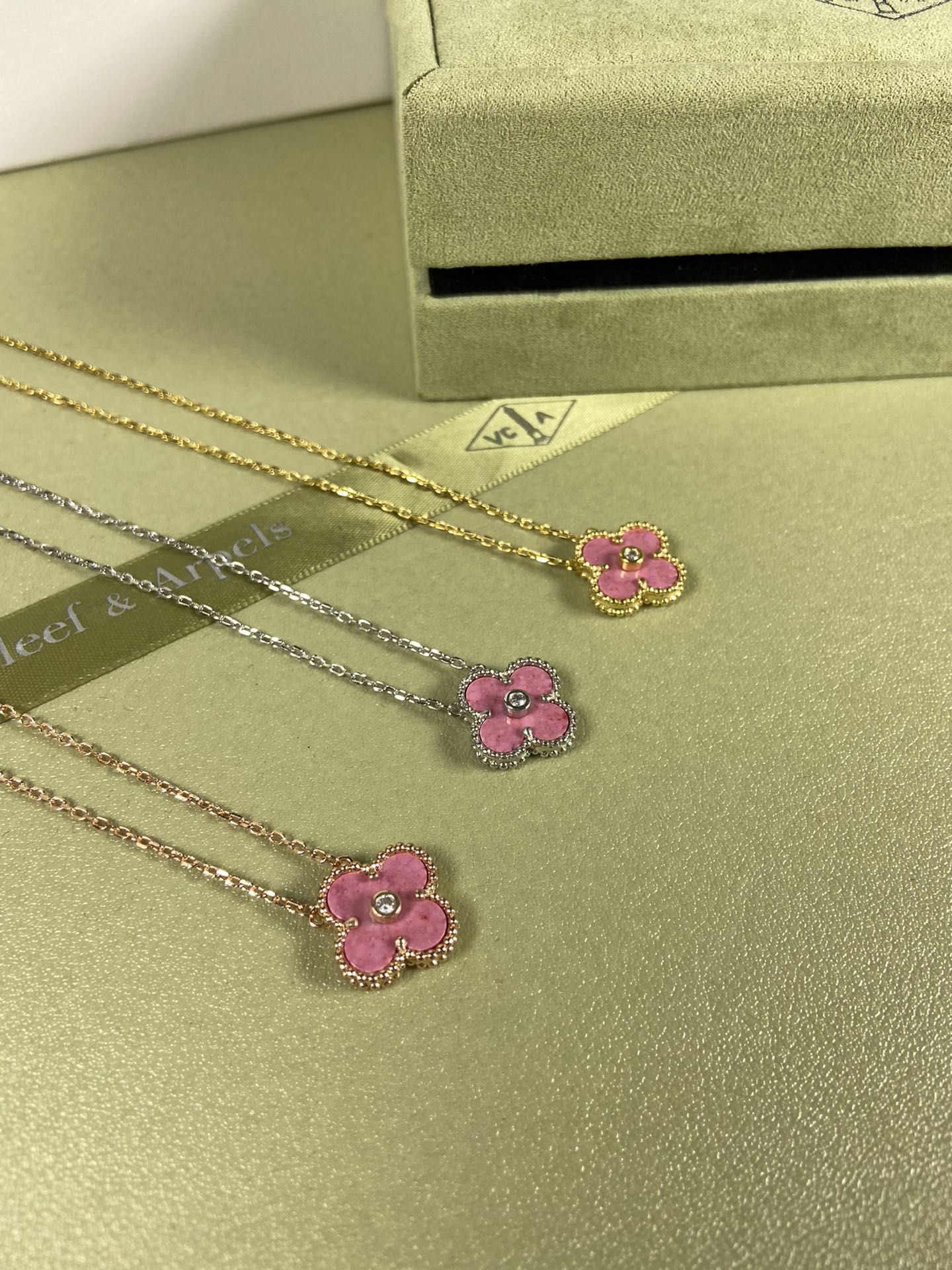 Van Cleef & Arpels rose pink four-leaf clover necklace
