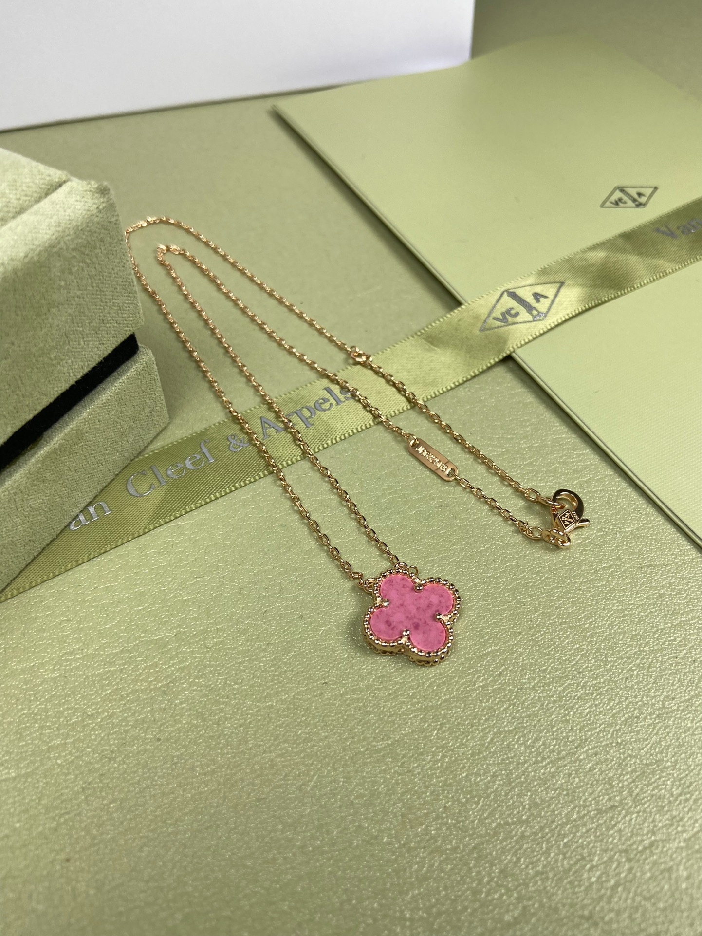 Van Cleef & Arpels rose pink four-leaf clover necklace