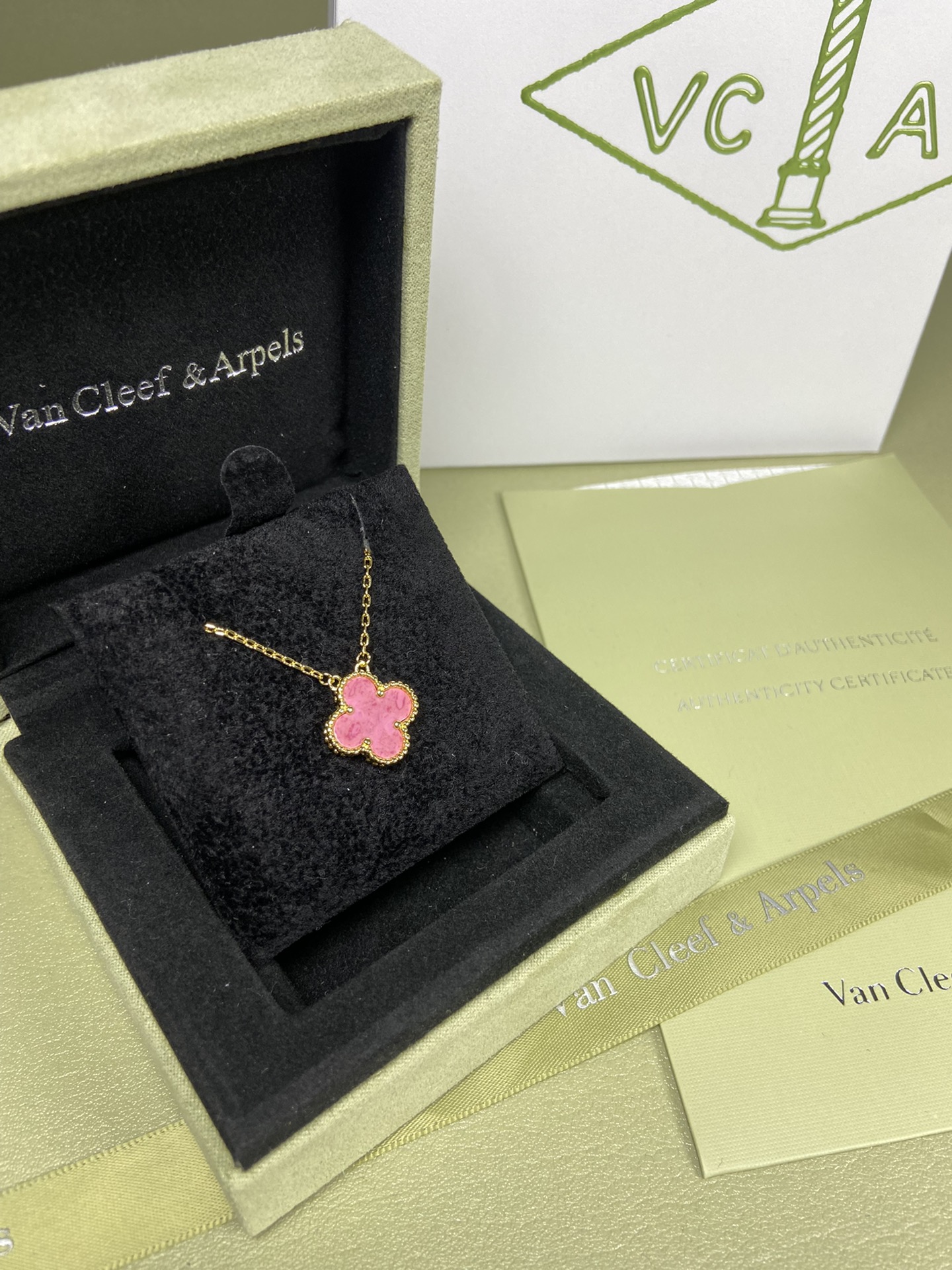 Van Cleef & Arpels rose pink four-leaf clover necklace