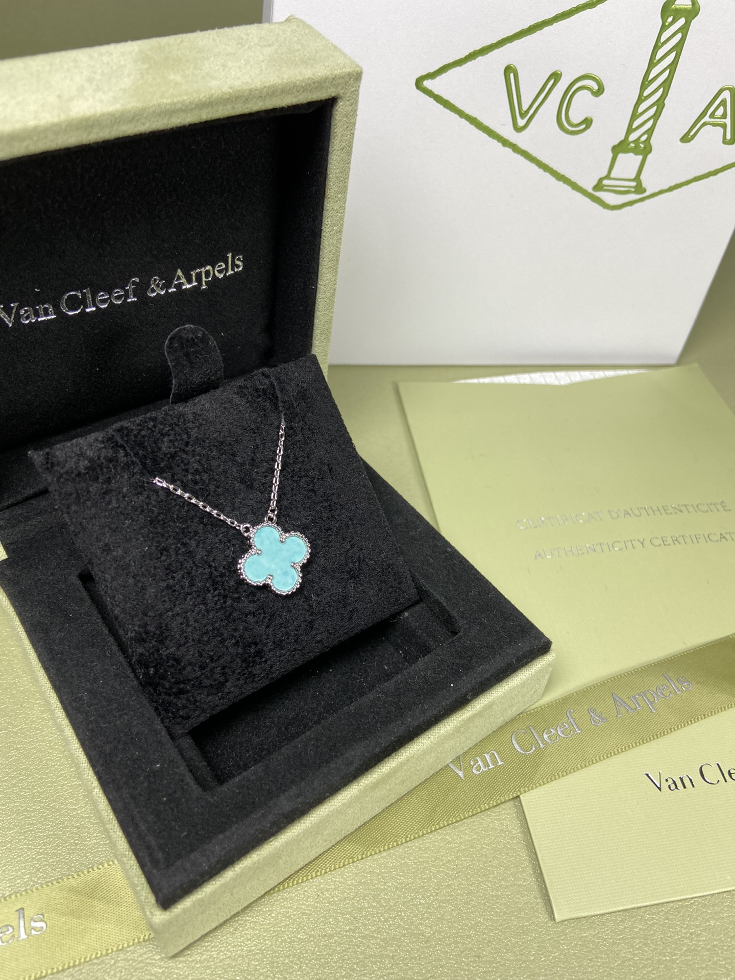 Van Cleef & Arpels mint blue four-leaf clover necklace