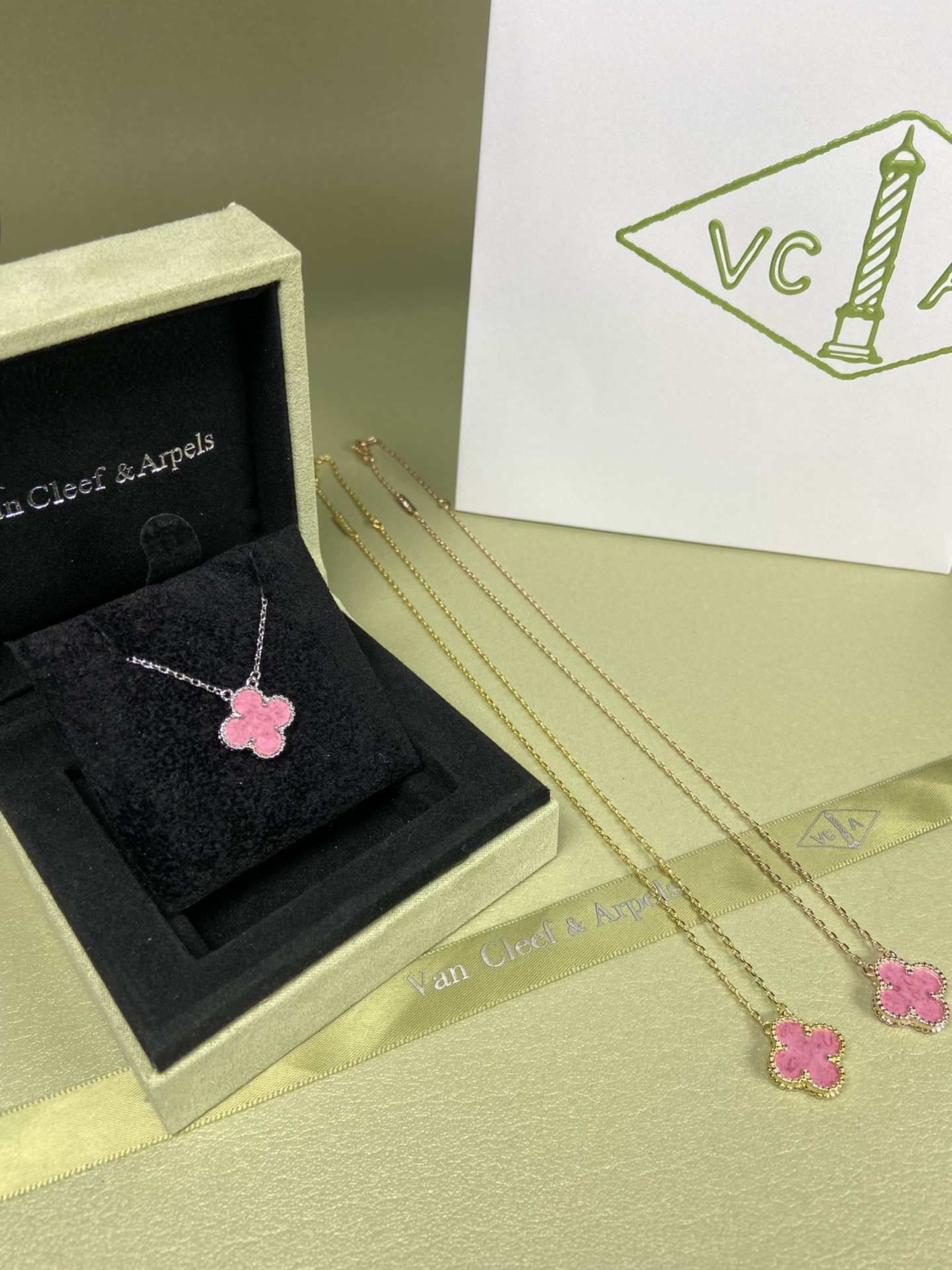 Van Cleef & Arpels rose pink four-leaf clover necklace