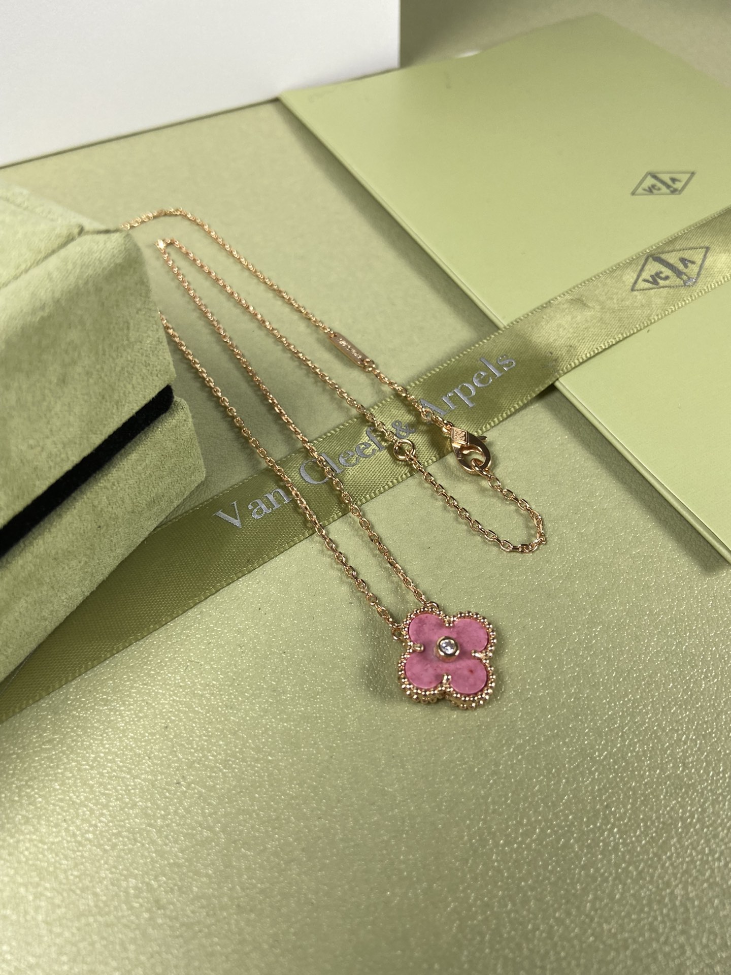 Van Cleef & Arpels rose pink four-leaf clover necklace