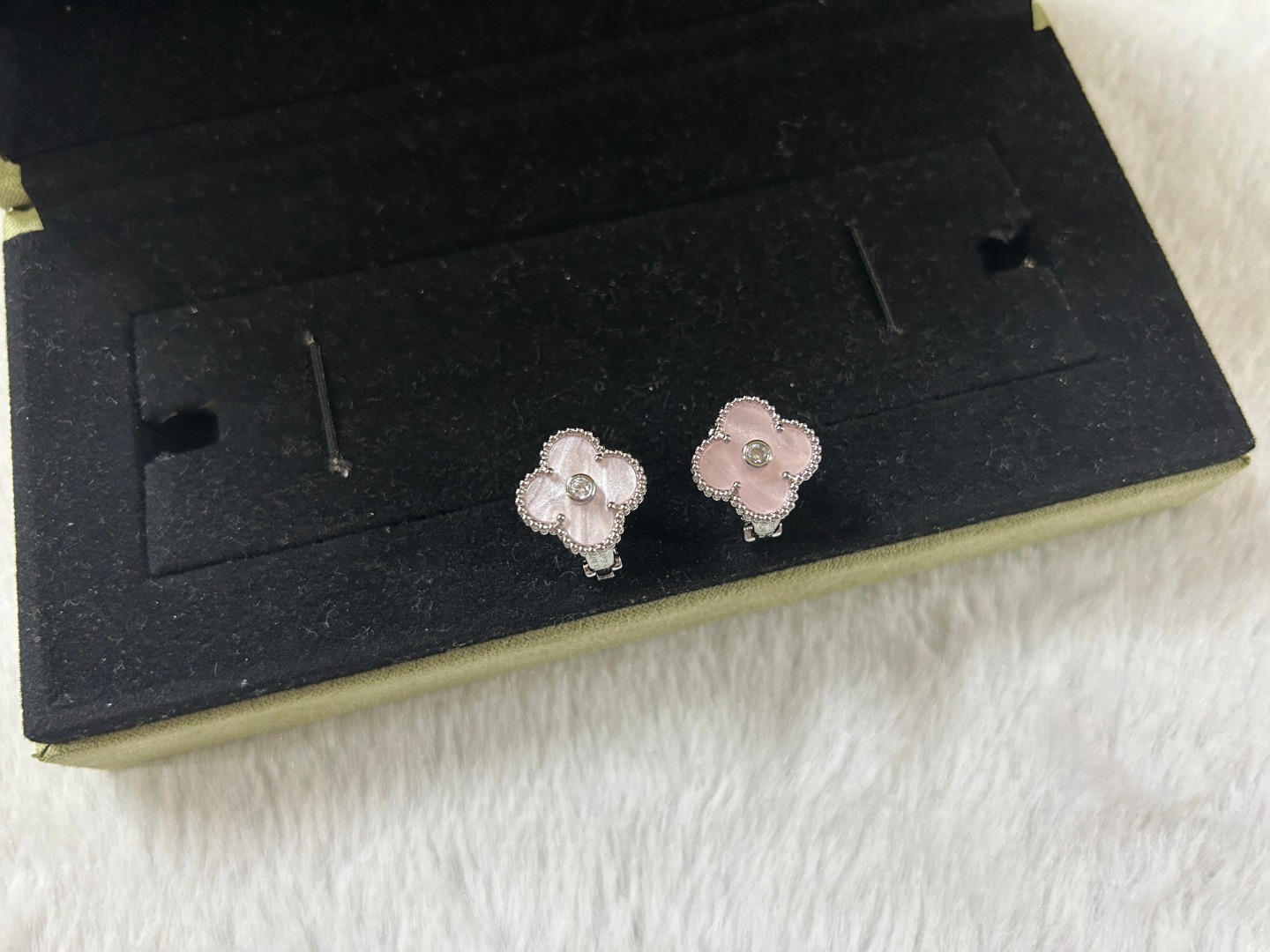 Van Cleef & Arpels pink mother-of-pearl four-leaf clover stud earrings