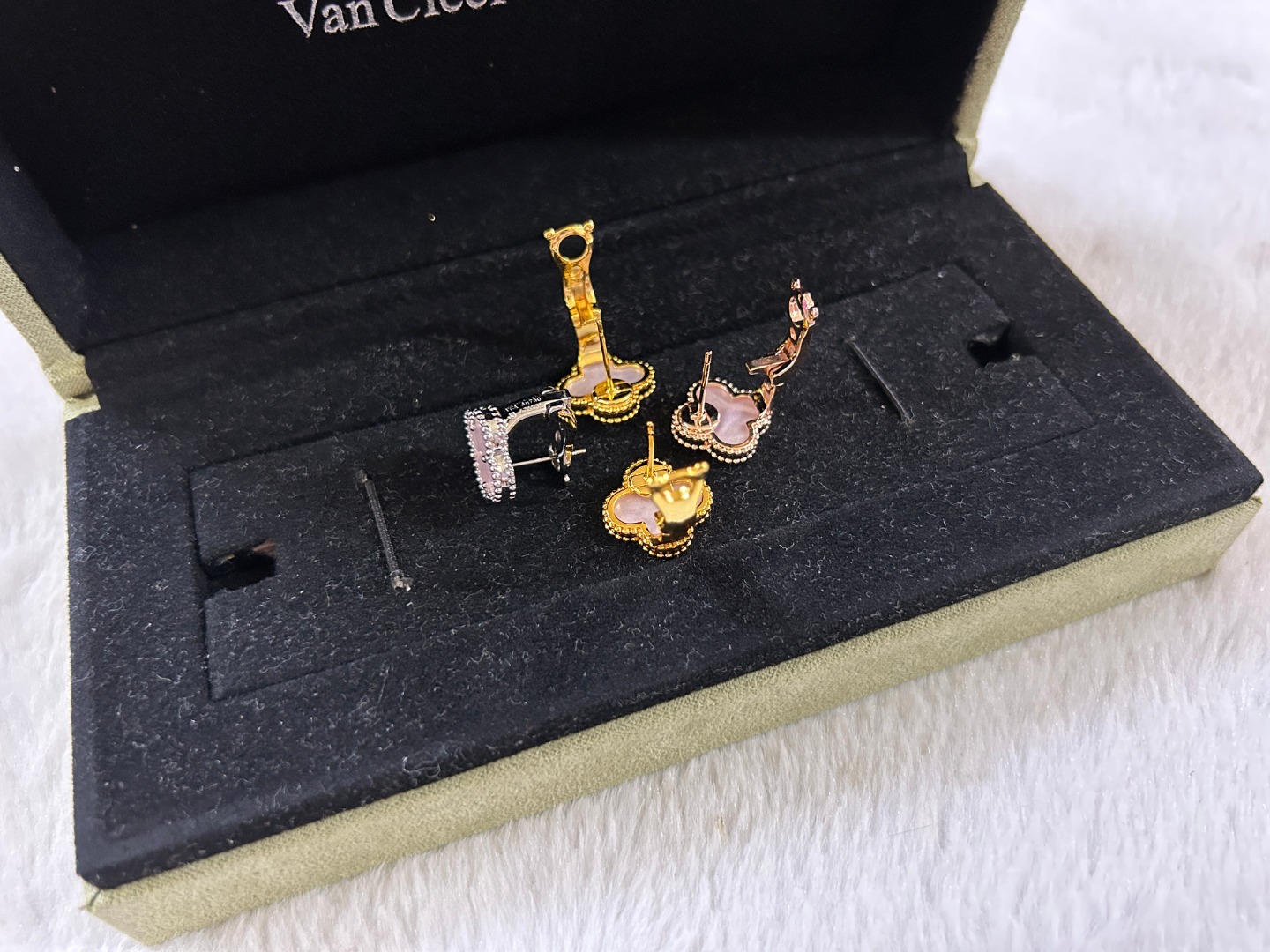 Van Cleef & Arpels pink mother-of-pearl four-leaf clover stud earrings