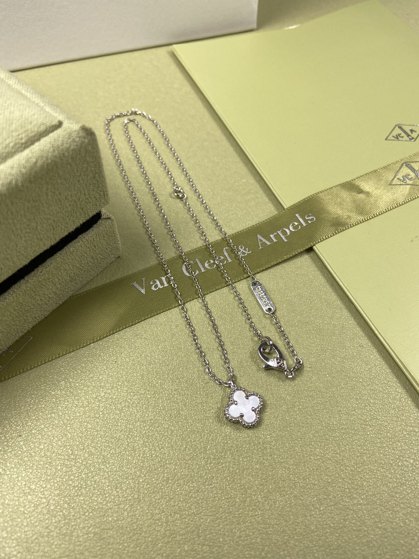 Van Cleef & Arpels mini white mother-of-pearl four-leaf clover necklace