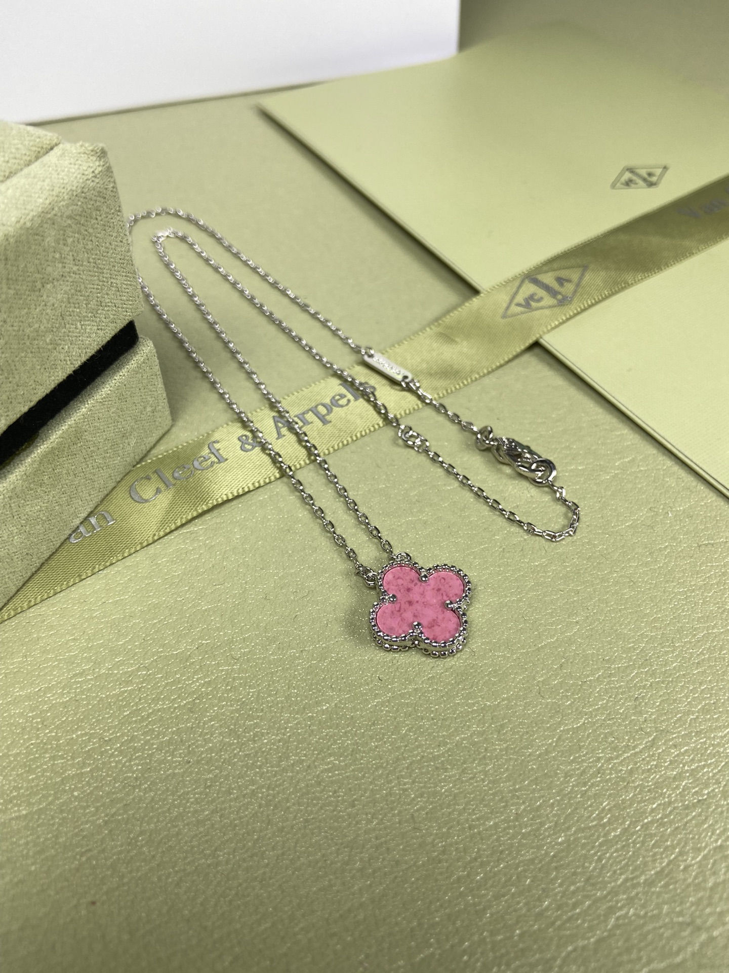 Van Cleef & Arpels rose pink four-leaf clover necklace