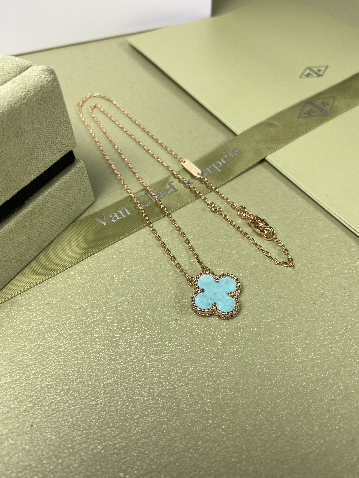 Van Cleef & Arpels mint blue four-leaf clover necklace