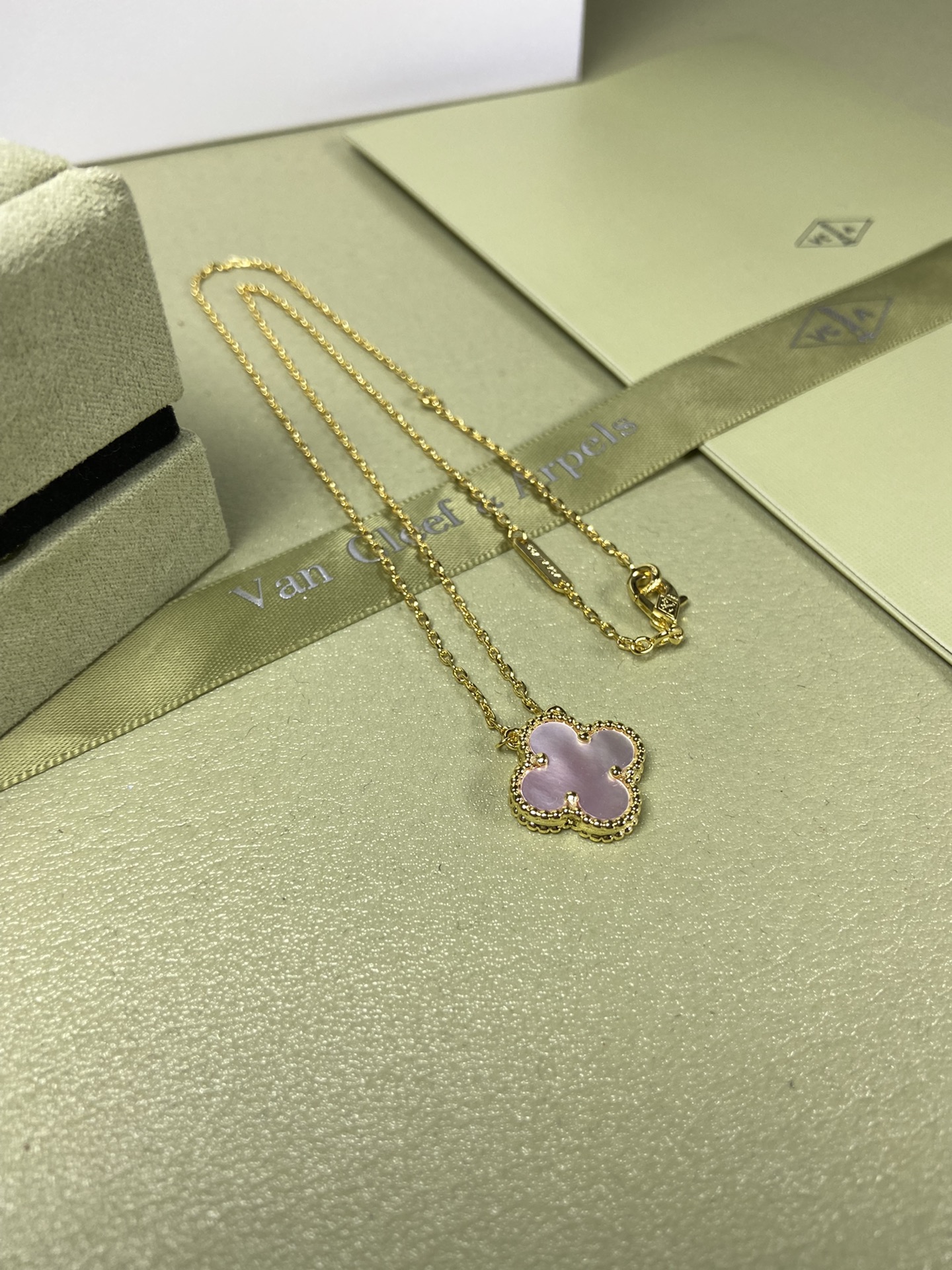 Van Cleef & Arpels pink mother-of-pearl four-leaf clover necklace