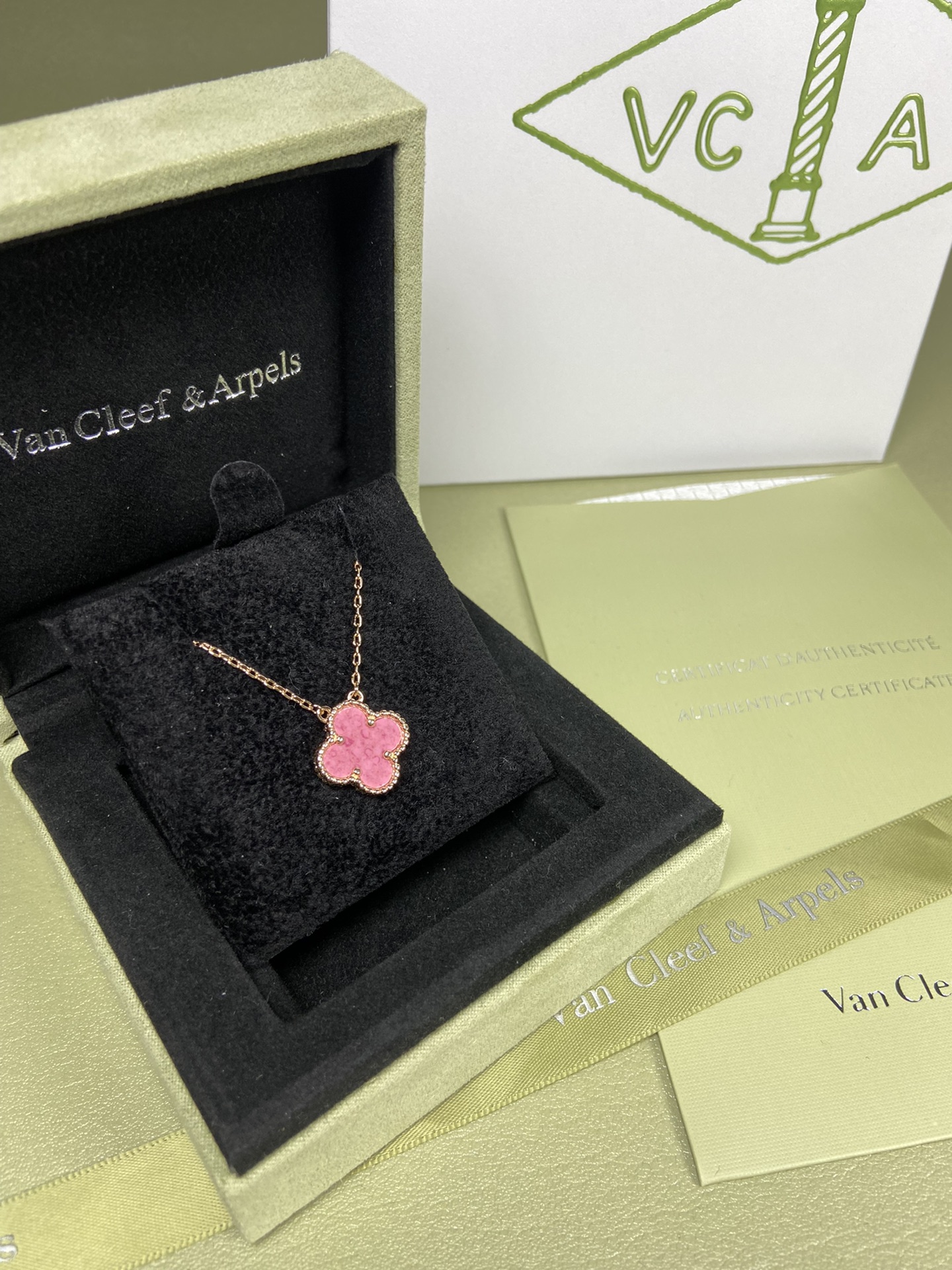 Van Cleef & Arpels rose pink four-leaf clover necklace