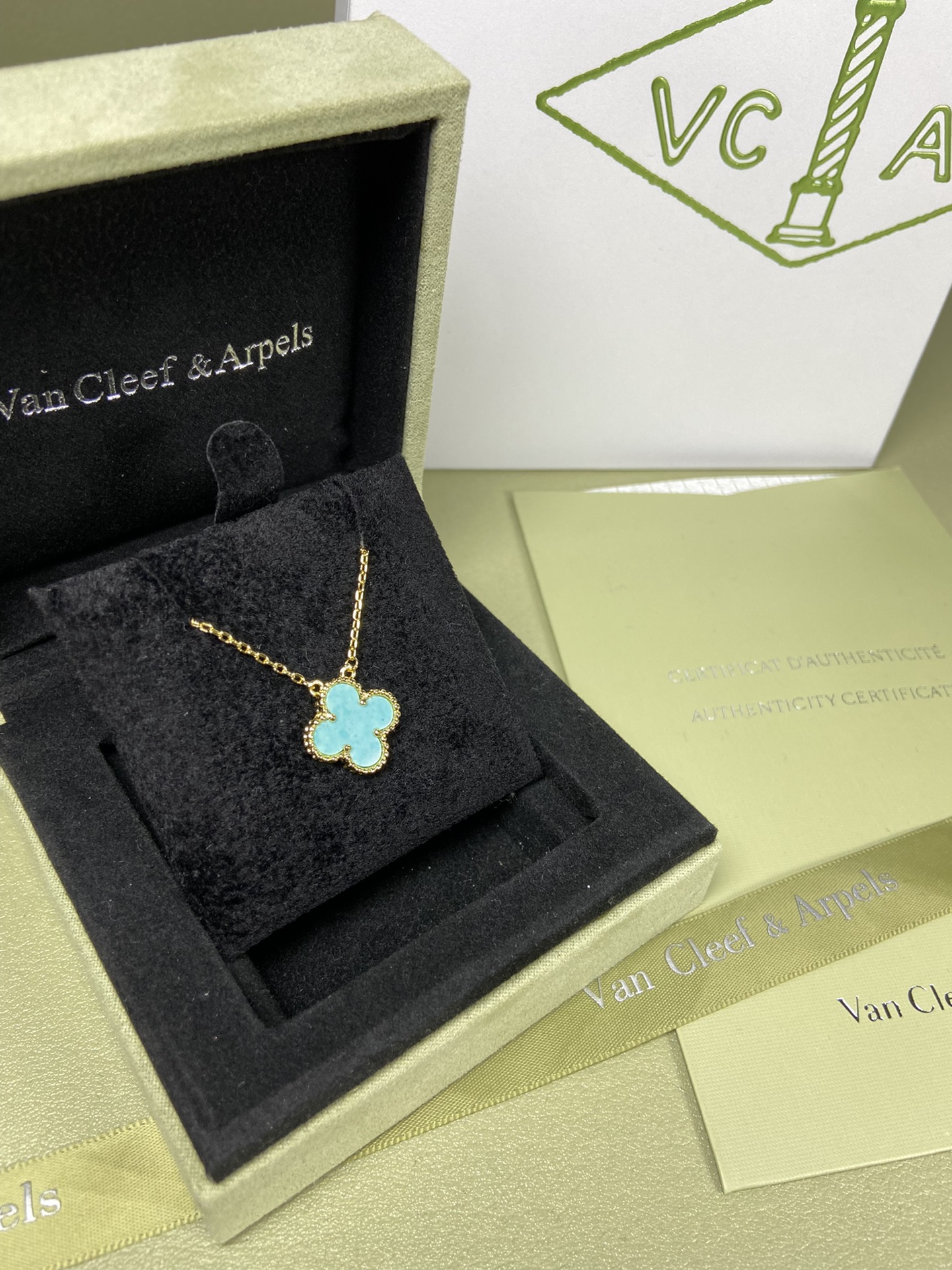 Van Cleef & Arpels mint blue four-leaf clover necklace