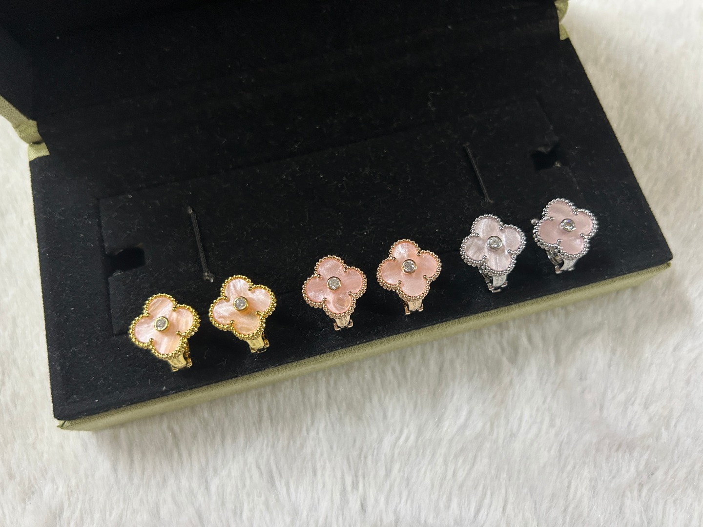 Van Cleef & Arpels pink mother-of-pearl four-leaf clover stud earrings