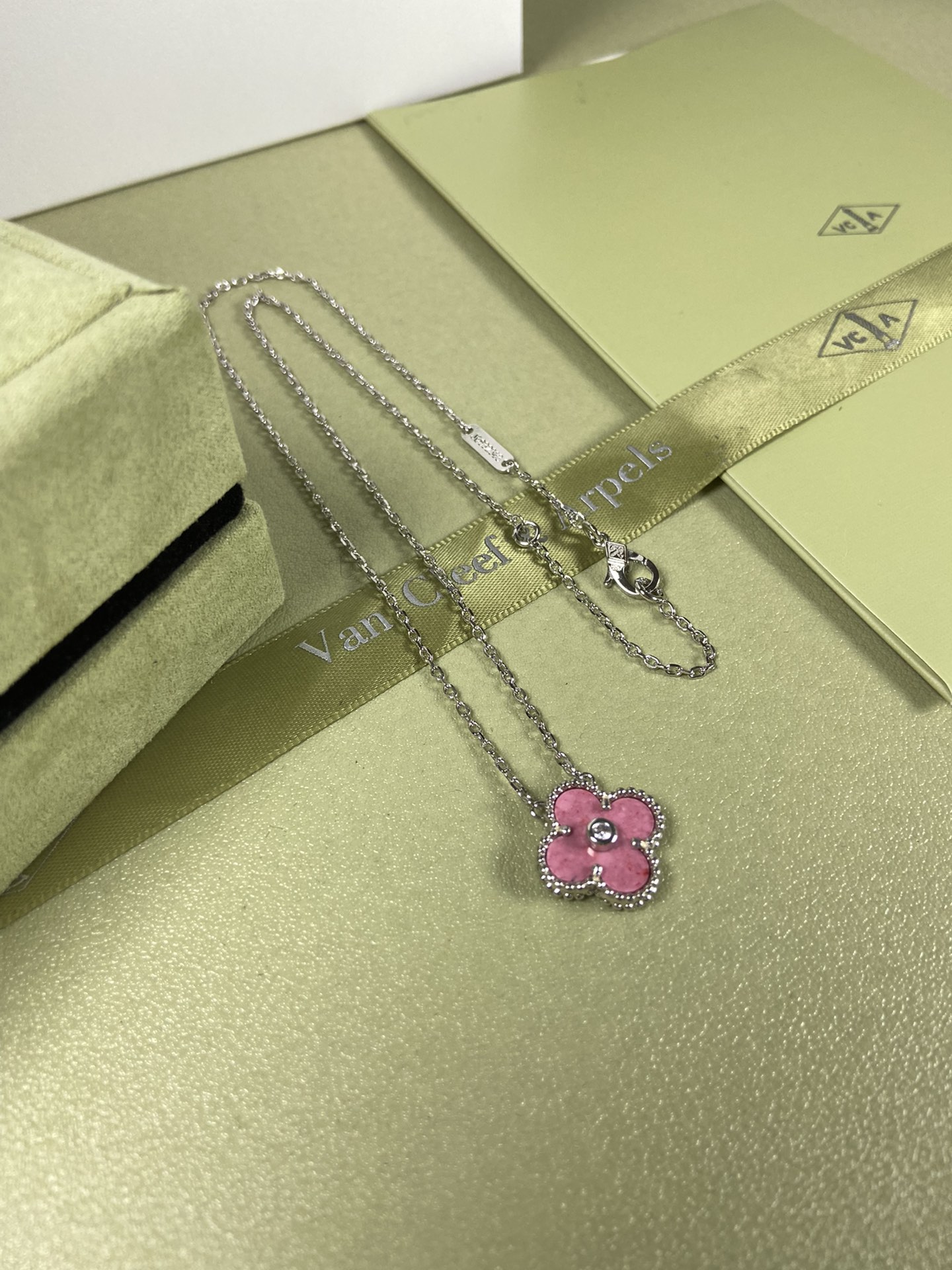 Van Cleef & Arpels rose pink four-leaf clover necklace