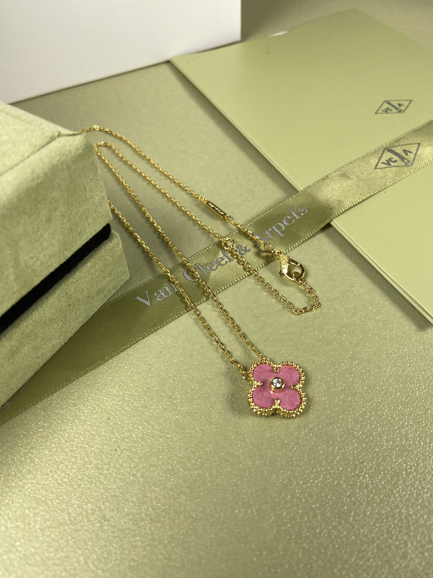 Van Cleef & Arpels rose pink four-leaf clover necklace