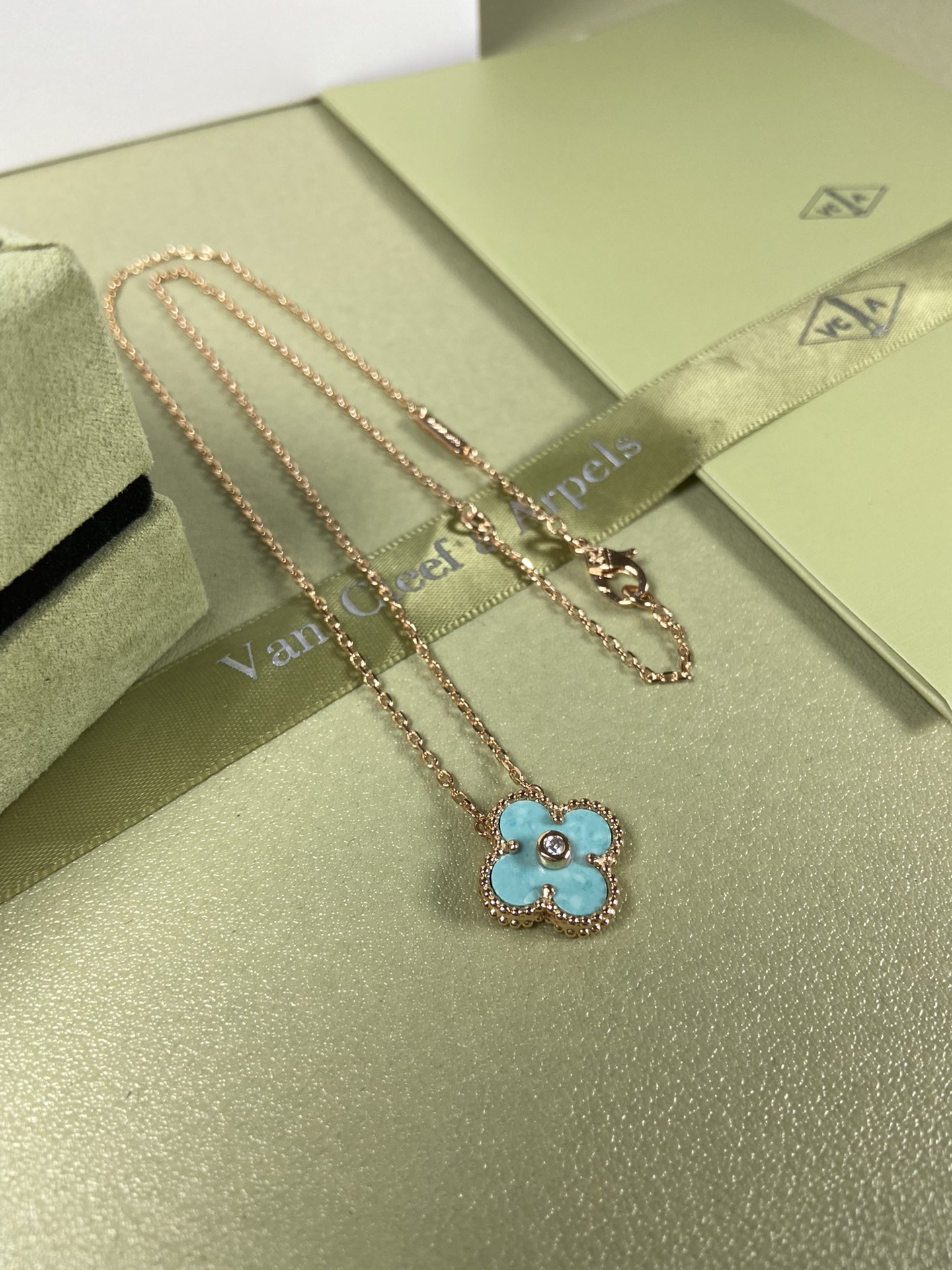 Van Cleef & Arpels mint blue four-leaf clover necklace