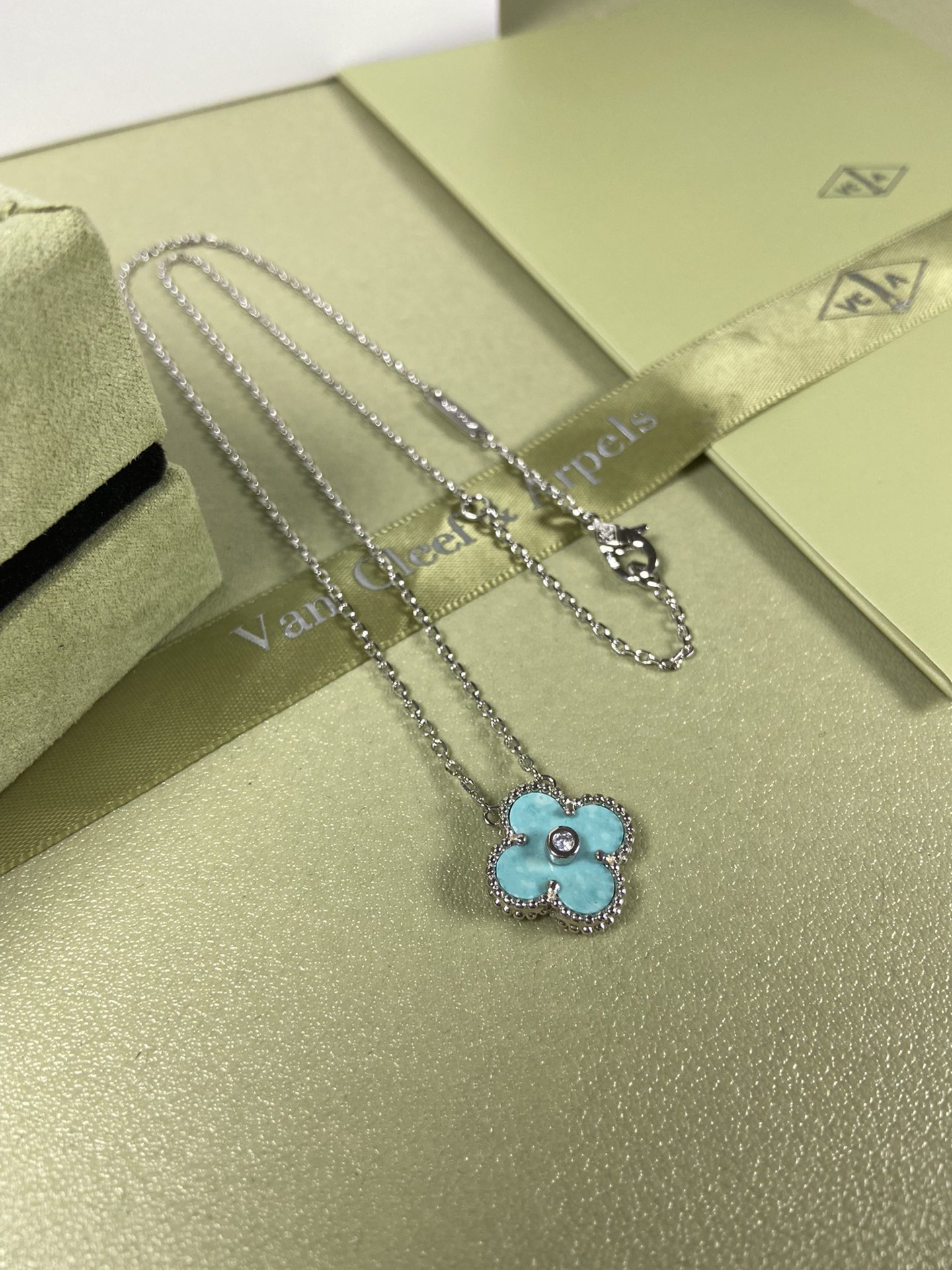 Van Cleef & Arpels mint blue four-leaf clover necklace