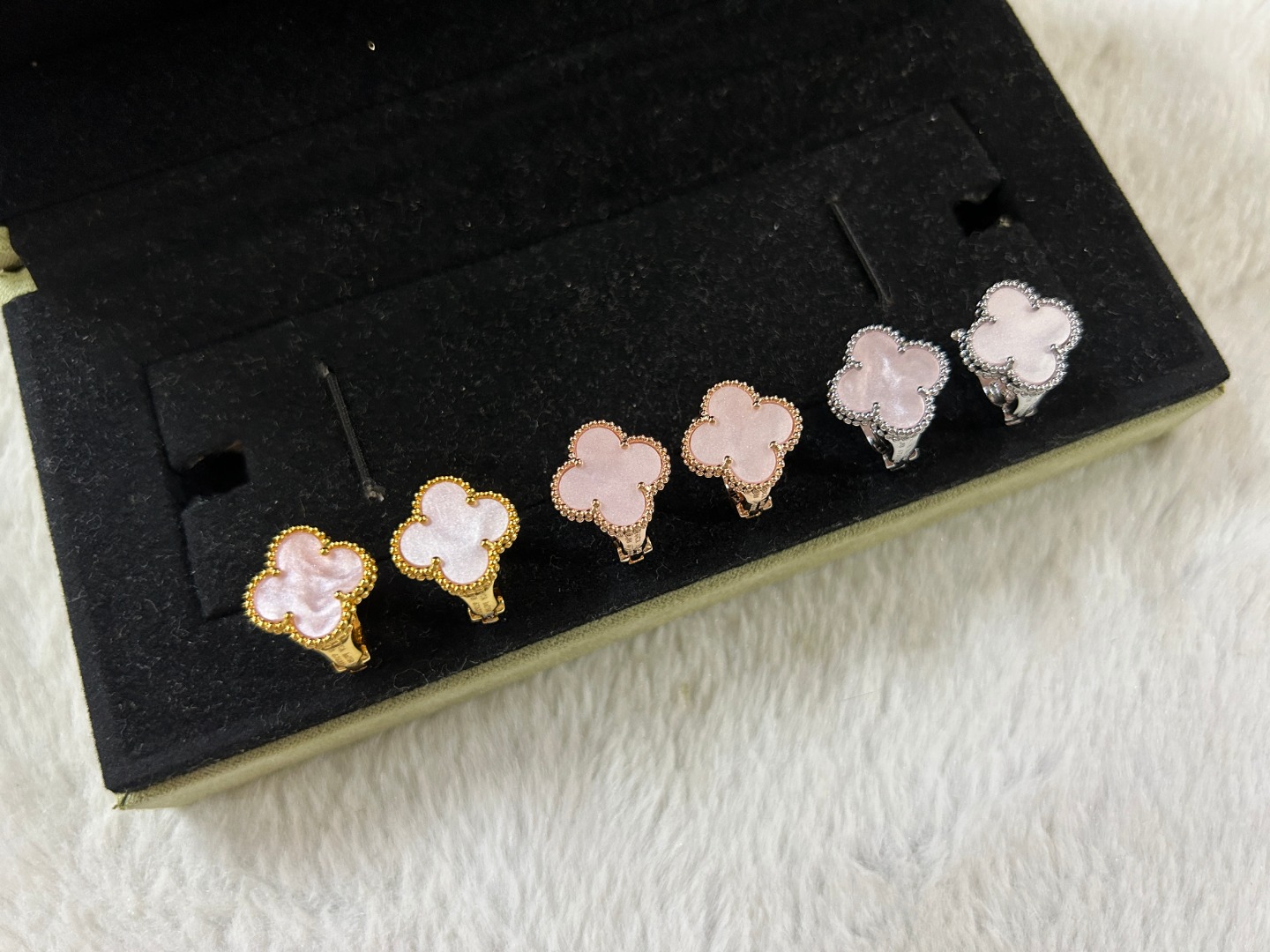 Van Cleef & Arpels pink mother-of-pearl four-leaf clover stud earrings