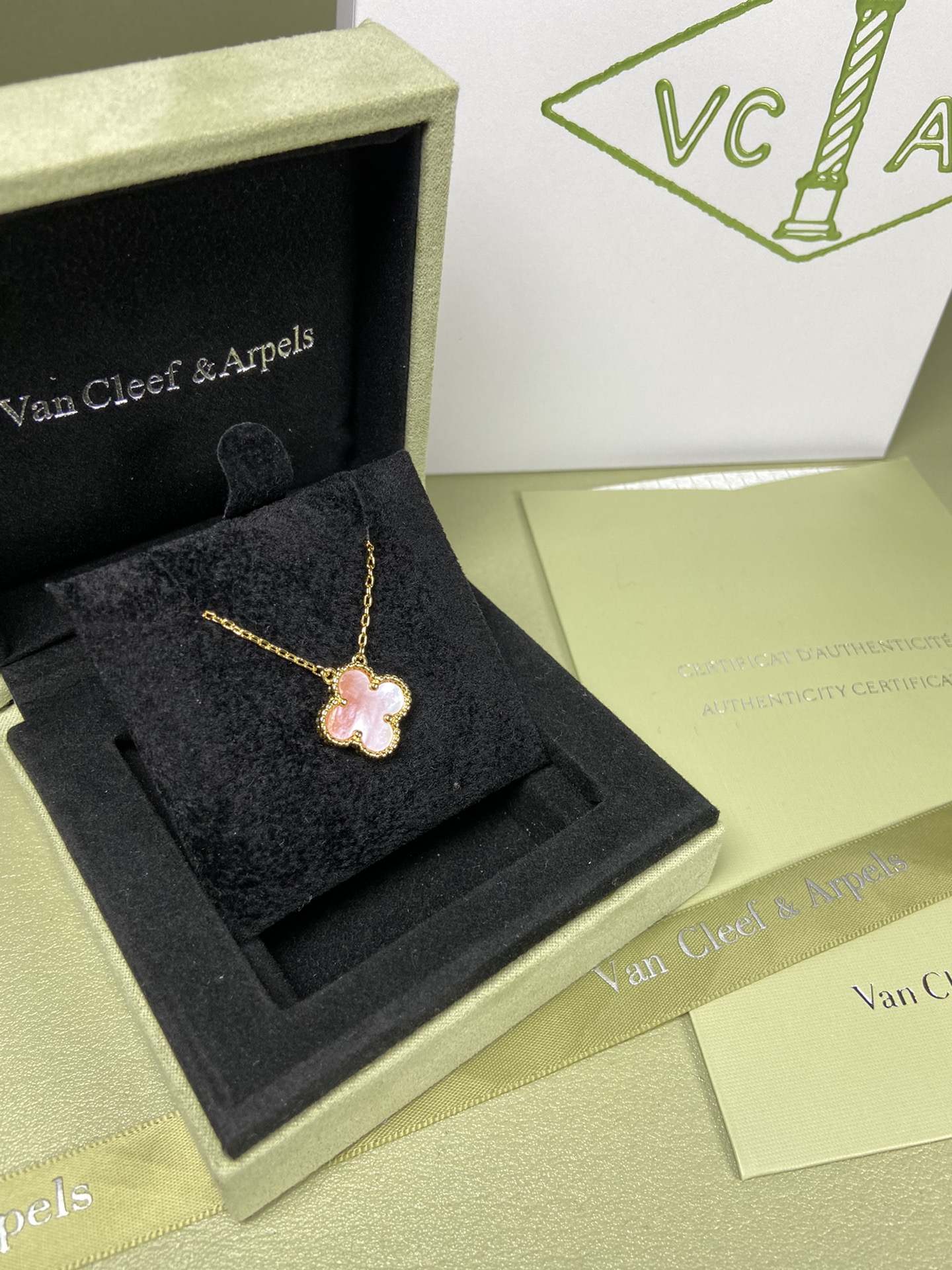 Van Cleef & Arpels pink mother-of-pearl four-leaf clover necklace