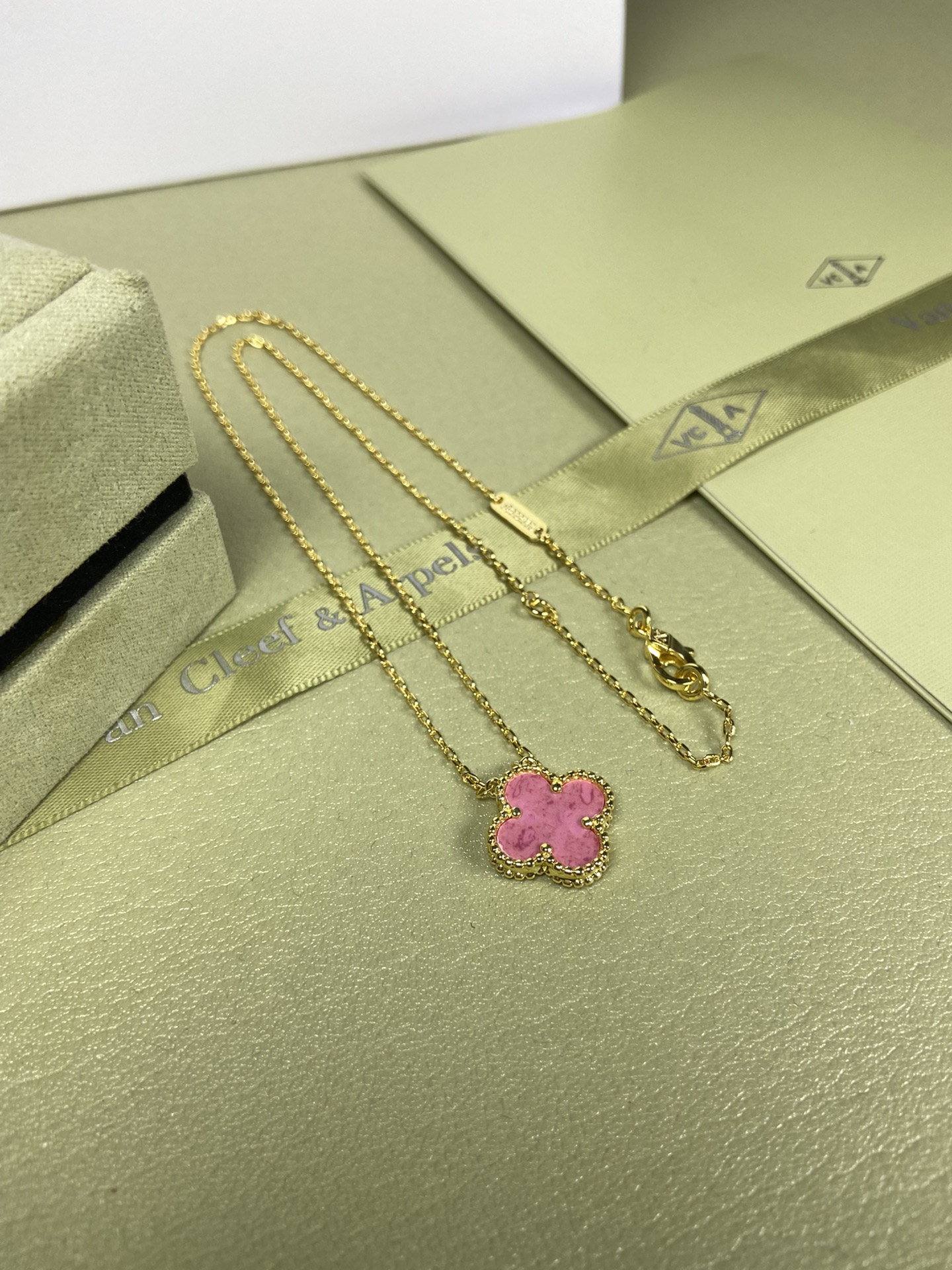 Van Cleef & Arpels rose pink four-leaf clover necklace
