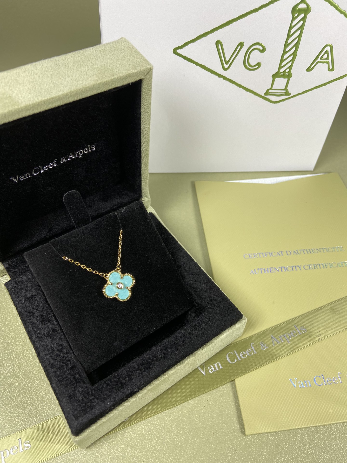 Van Cleef & Arpels mint blue four-leaf clover necklace