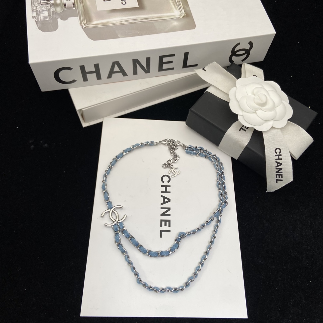 Chanel's new white gold denim blue double C necklace is lazy and casual and super loved