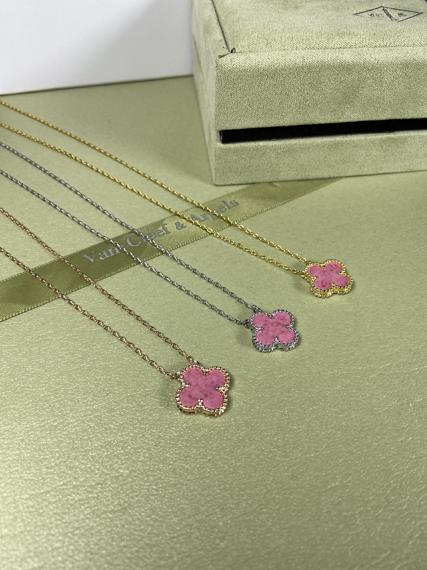 Van Cleef & Arpels rose pink four-leaf clover necklace
