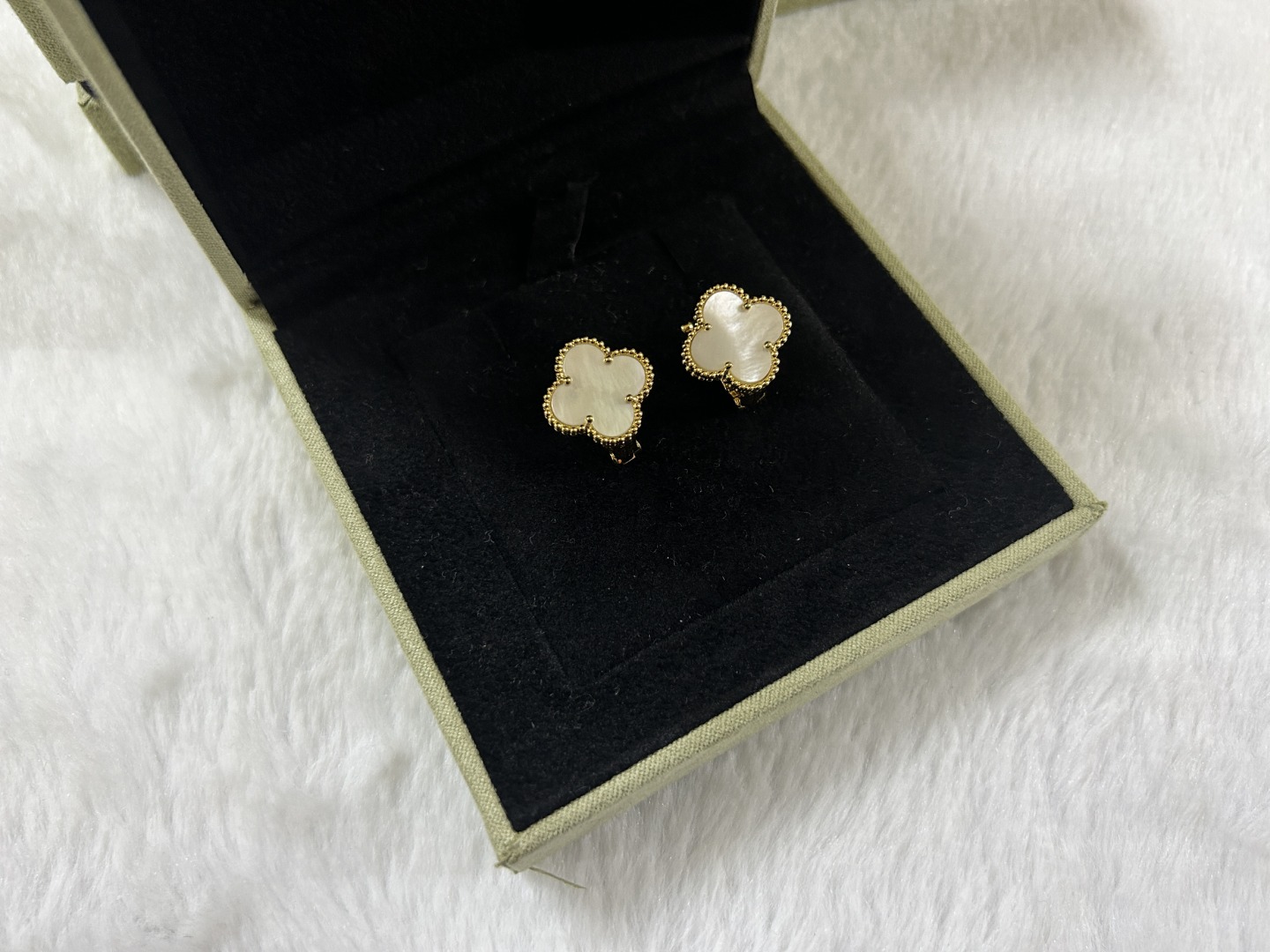 Van Cleef & Arpels white mother-of-pearl four-leaf clover stud earrings