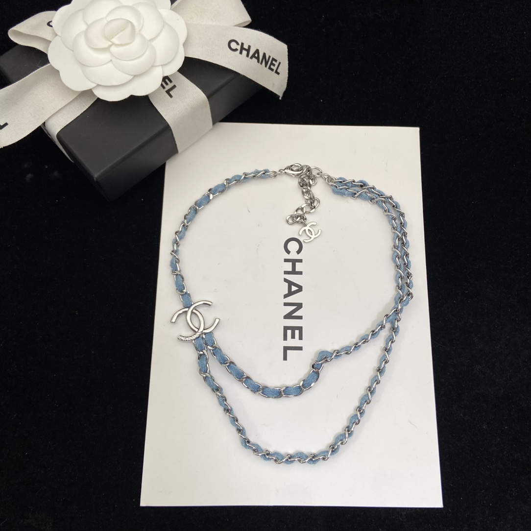 Chanel's new white gold denim blue double C necklace is lazy and casual and super loved