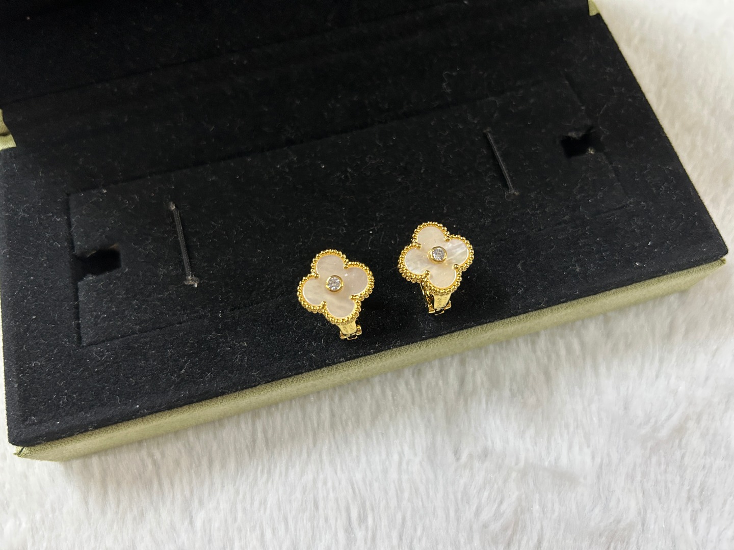 Van Cleef & Arpels white mother-of-pearl four-leaf clover stud earrings