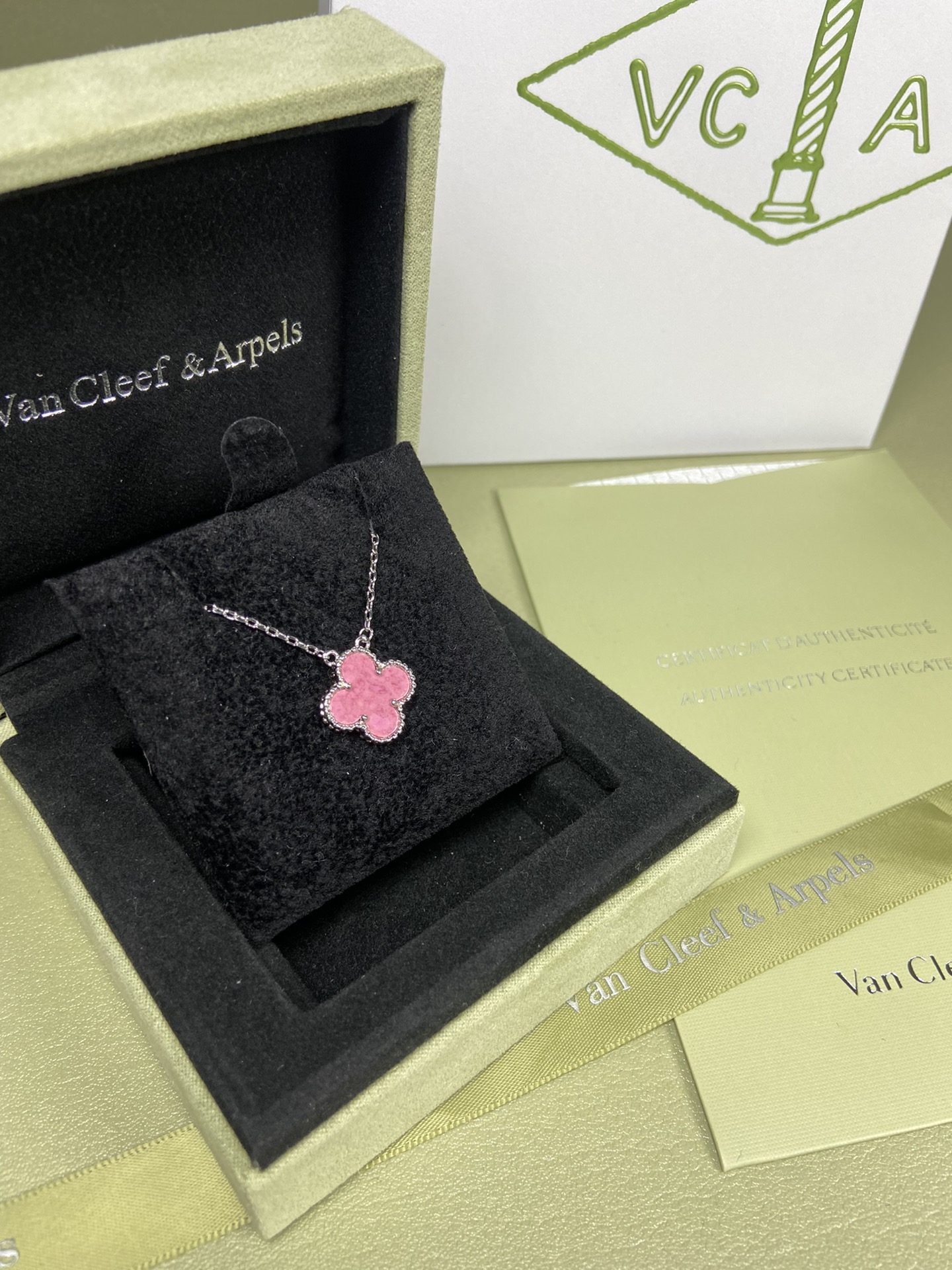 Van Cleef & Arpels rose pink four-leaf clover necklace