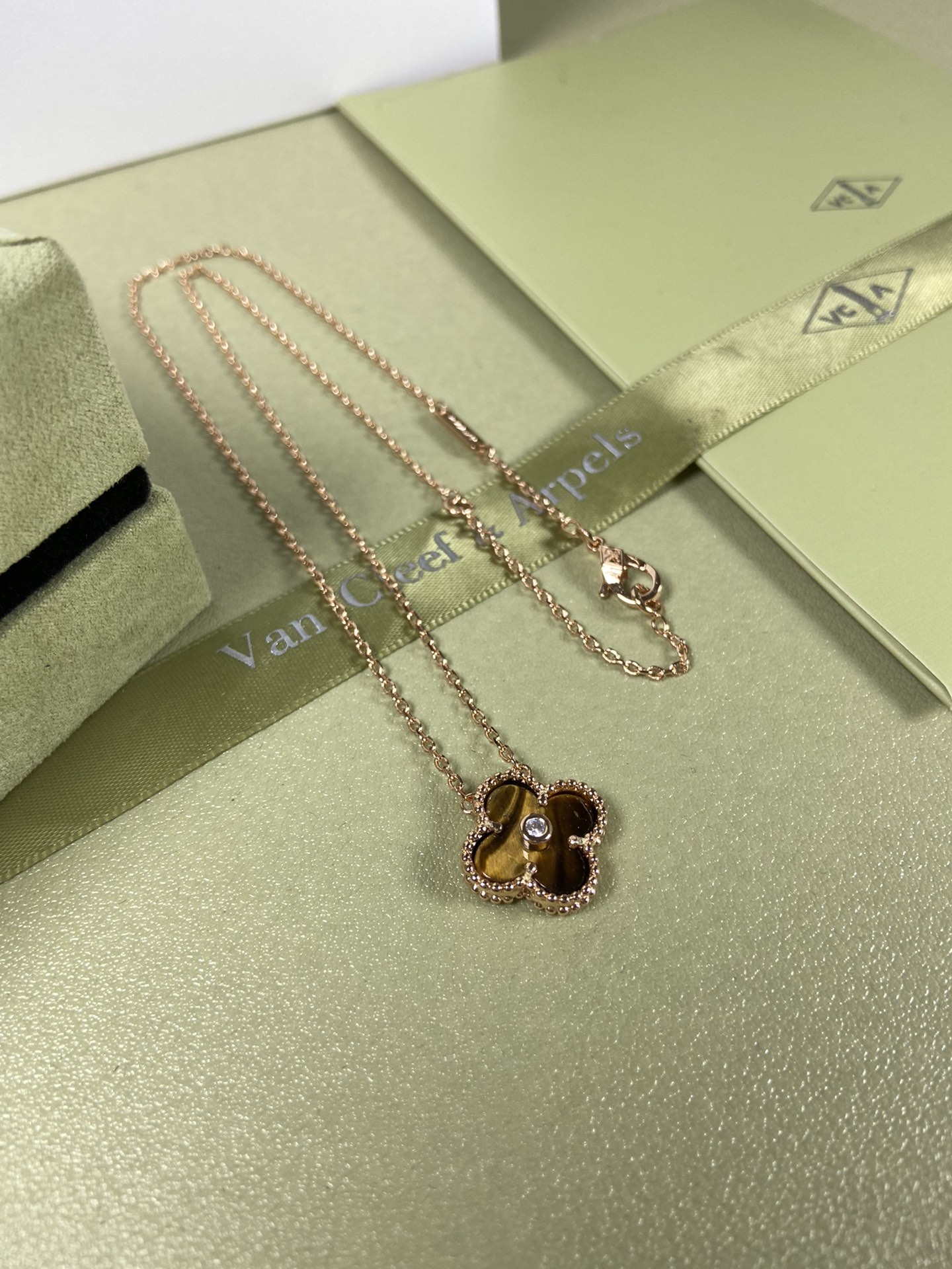 Van Cleef & Arpels tiger's eye four-leaf clover necklace