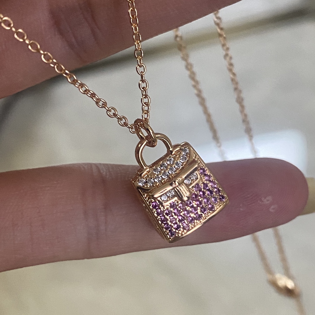 Hermes necklace New pink white diamond bag necklace