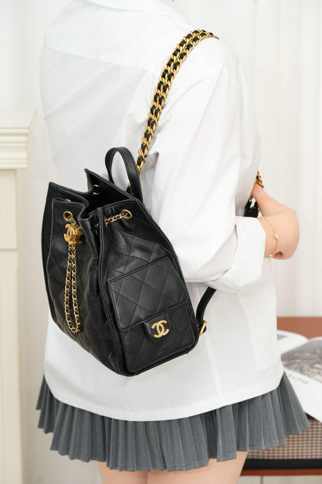 Chanel 25B Backpack Black Gold Medium   25B Bag   Size: 23 x 23 x 14 cm