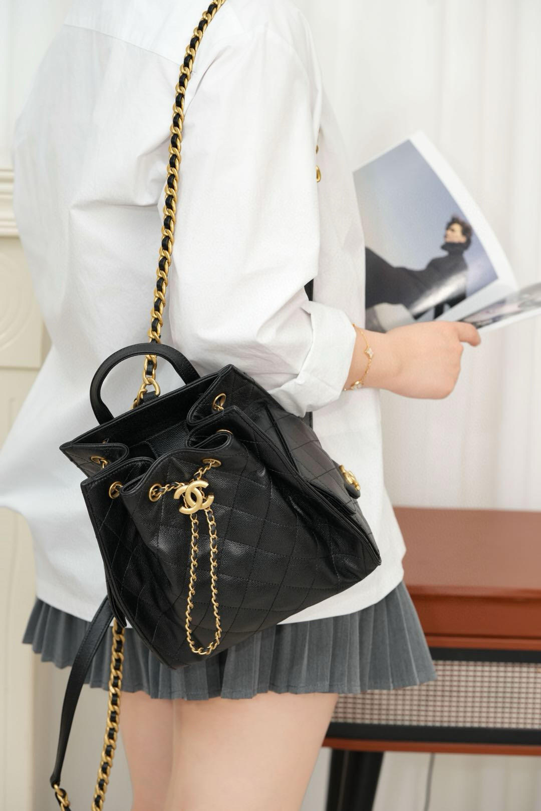 Chanel 25B Backpack Black Gold Medium   25B Bag   Size: 23 x 23 x 14 cm