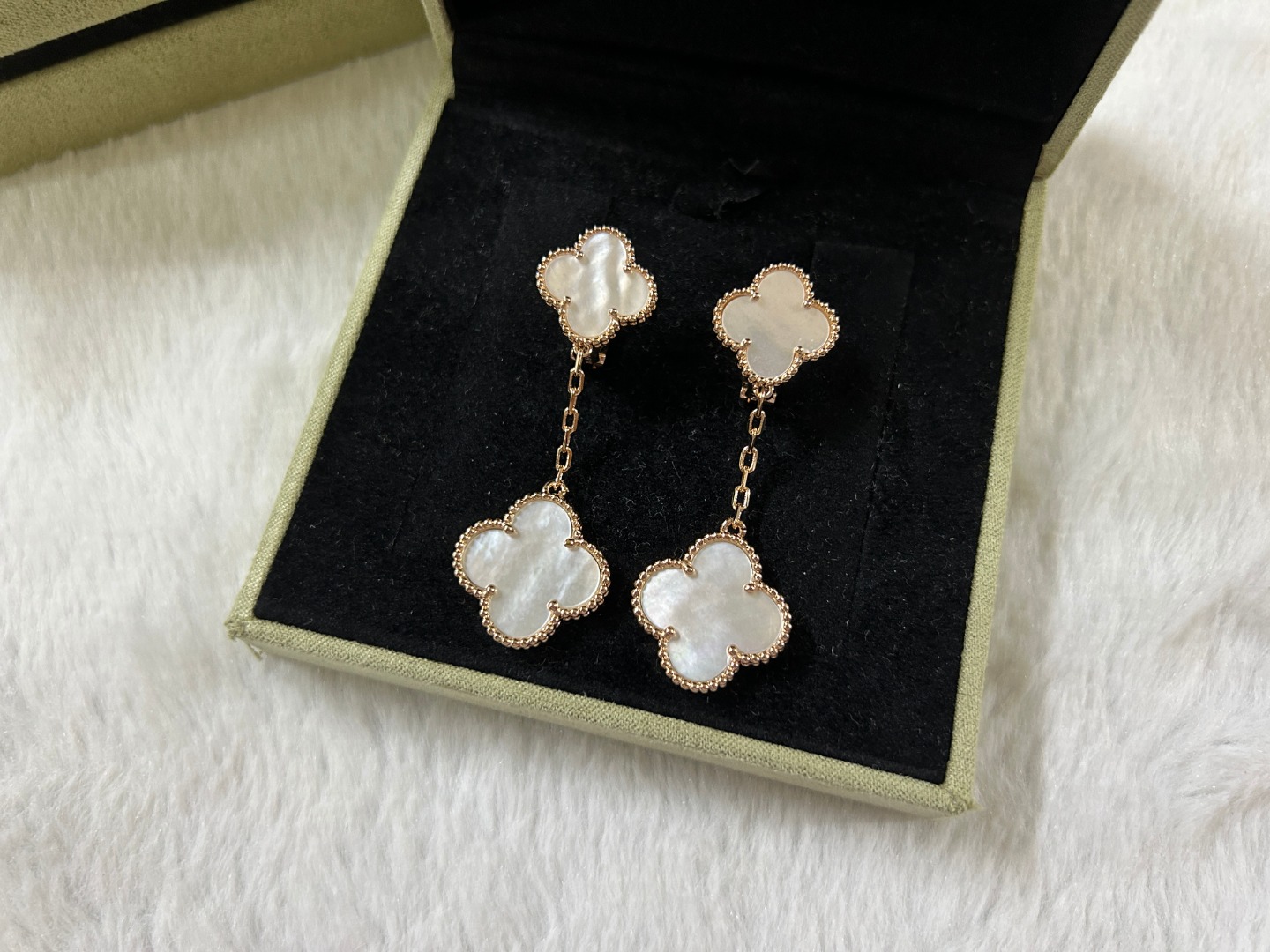 VCA Van Cleef & Arpels 2-Flower White Mother-of-Pearl Ear Clips in Platinum, Rose Gold, and Yellow Gold