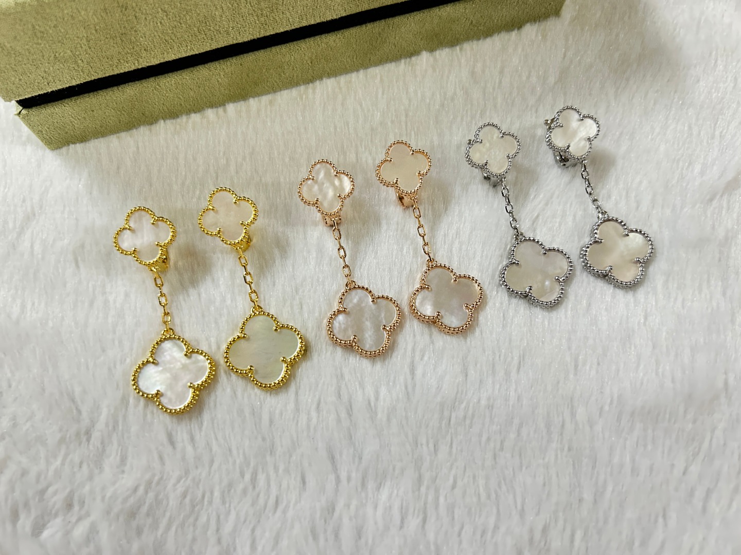 VCA Van Cleef & Arpels 2-Flower White Mother-of-Pearl Ear Clips in Platinum, Rose Gold, and Yellow Gold