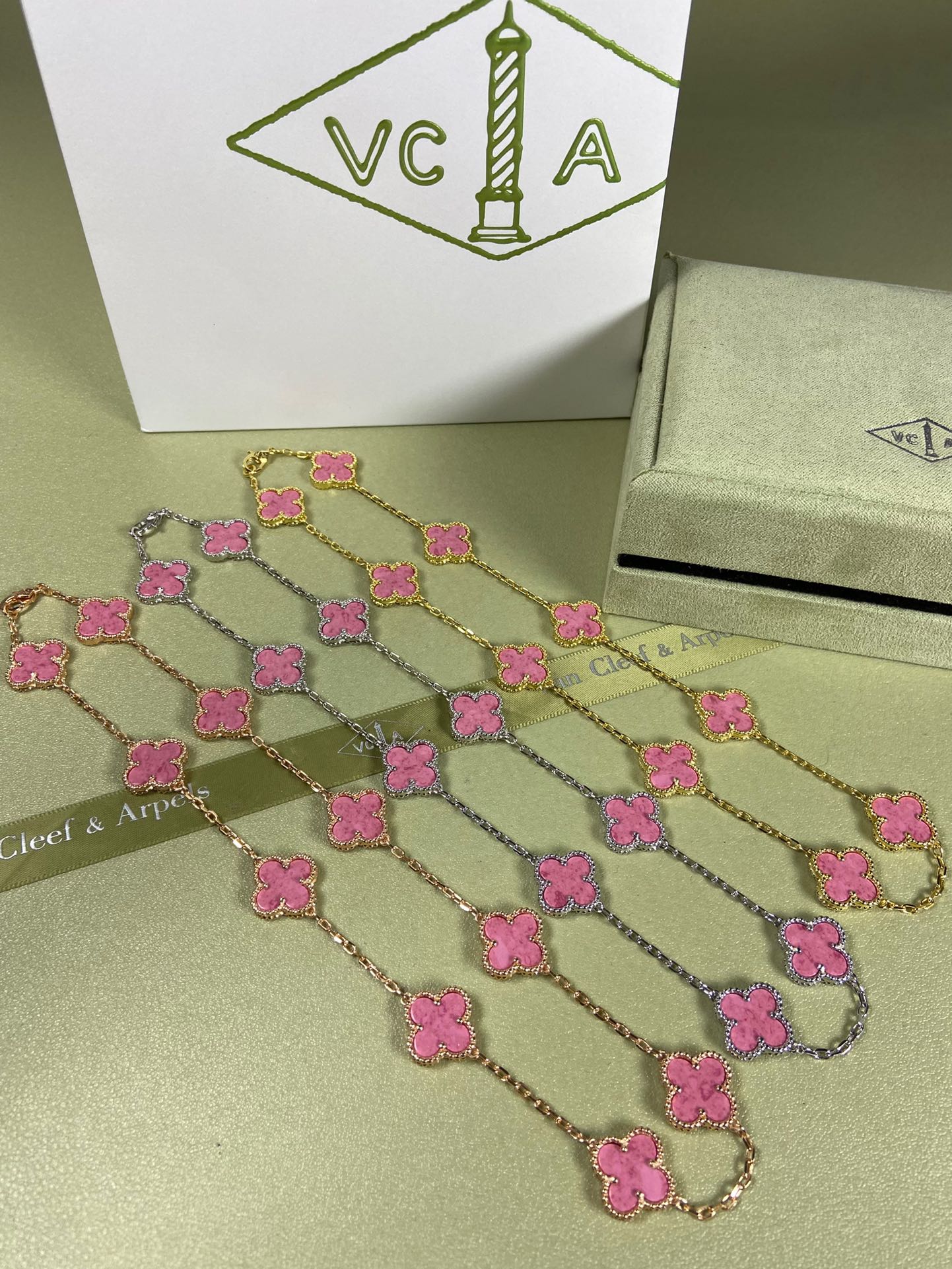 Van Cleef & Arpels Necklace VCA 10-Flower Rose Pink Necklace Platinum, Yellow Gold, Rose Gold