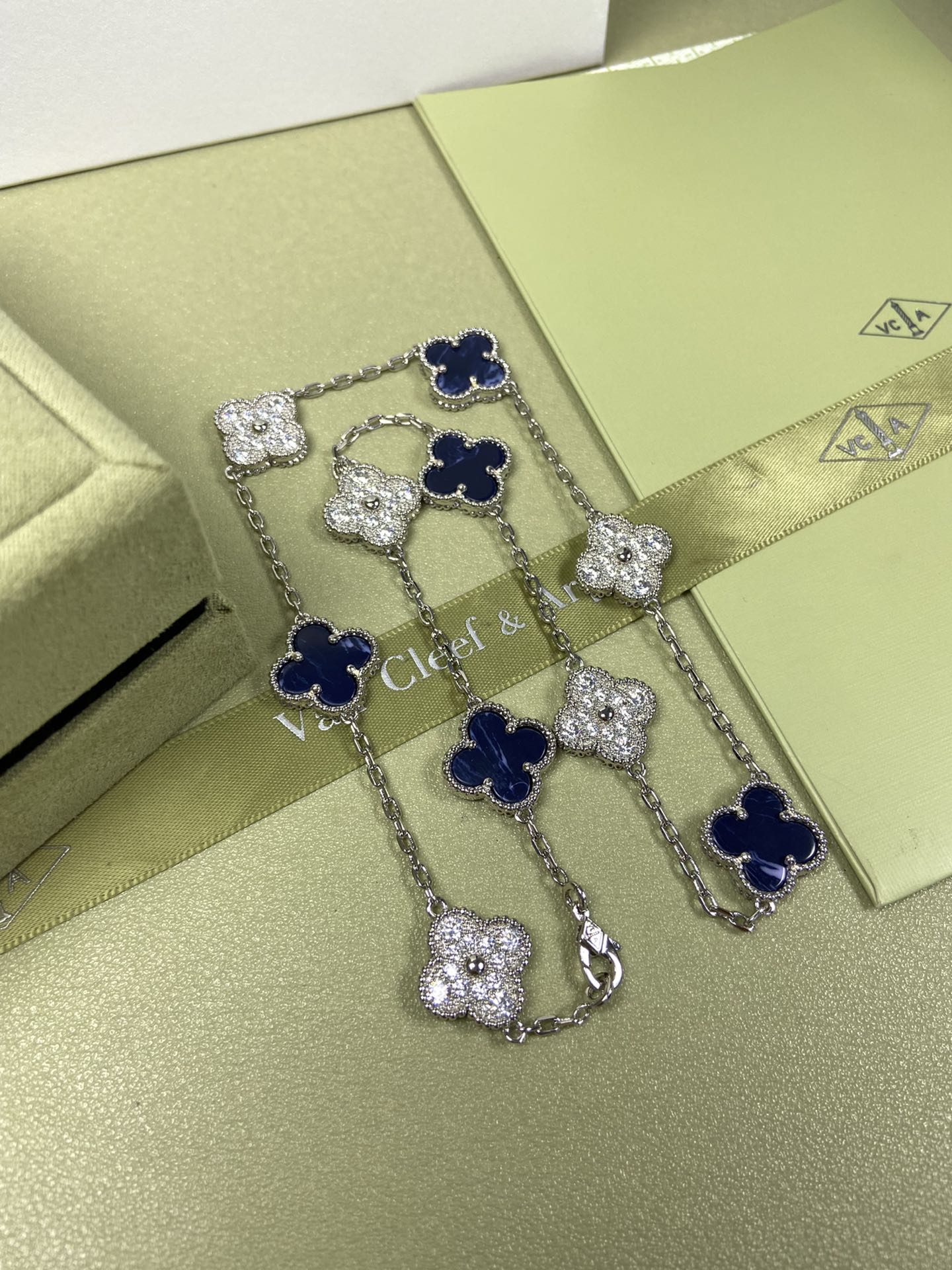 Van Cleef & Arpels Necklace VCA Alhambra 10 Clover Peret Blue  and Diamonds Necklace White Gold, Yellow Gold, Rose Gold