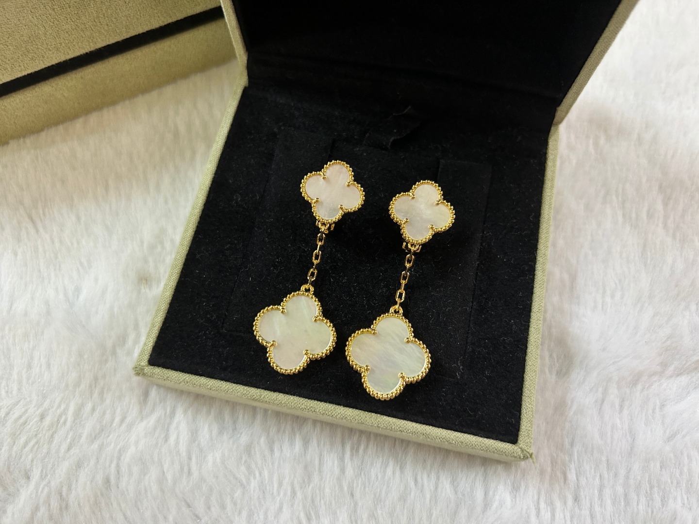 VCA Van Cleef & Arpels 2-Flower White Mother-of-Pearl Ear Clips in Platinum, Rose Gold, and Yellow Gold