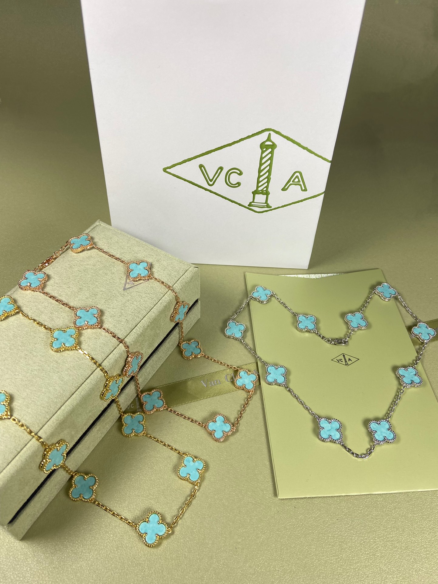 Van Cleef & Arpels Necklace VCA 10-Flower Mint Green Diamond Necklace Platinum, Yellow Gold, Rose Gold